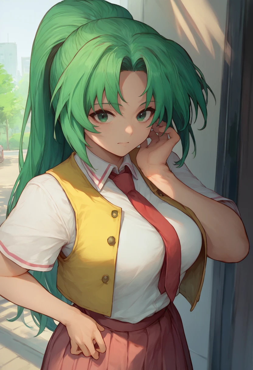 score_9, score_7_up,  1girl,   <lora:Cutesexyrobutts -000047:1> <lora:MionCAME2:1> Mion Sonozaki, green eyes, ponytail, green hair, white shirt, red necktie, yellow vest, red skirt,