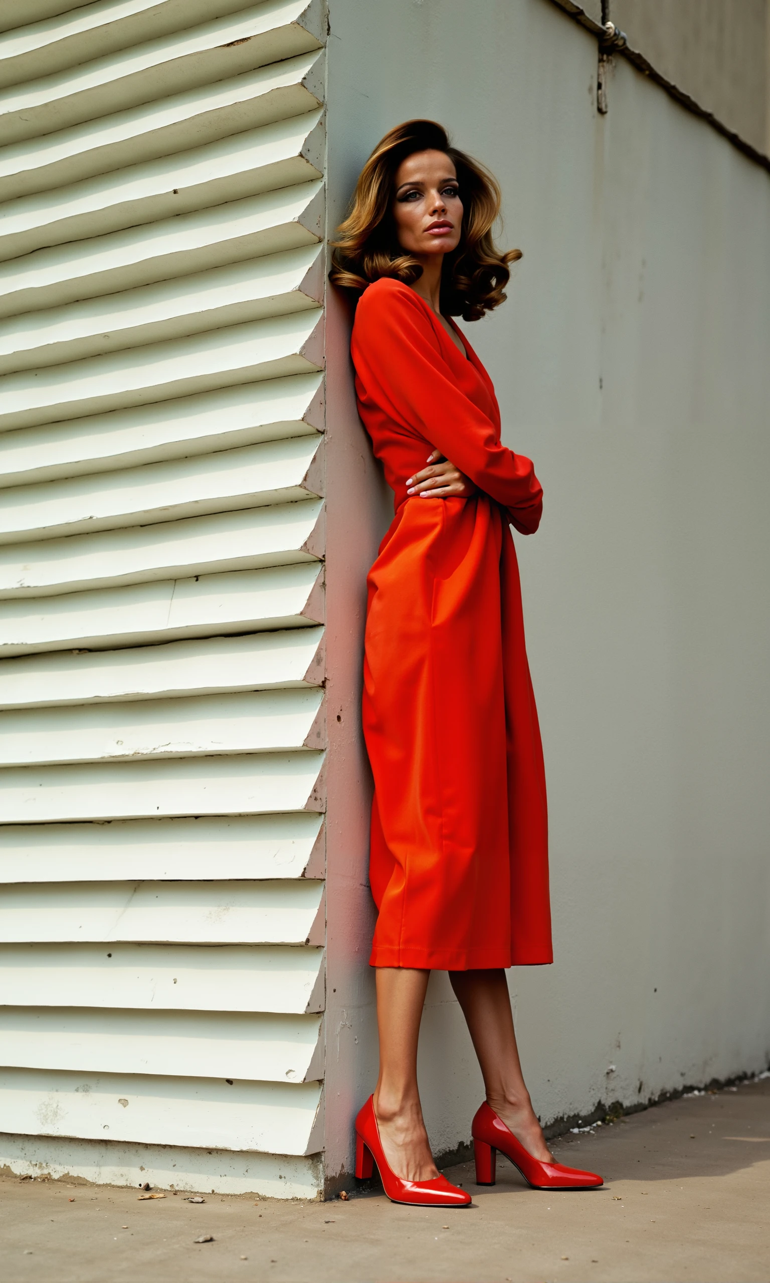 Veruschka,urreal, minimalist fashion photo featuring Veruschka, the iconic 70s model. She should be positioned like the reference image, partially obscured by a wall with horizontal slats, creating an illusion of being merged with the structure. Veruschka is dressed in a vintage-inspired, elegant dress and heels that evoke the 70s era, with bold colors like coral and red. The overall scene should feel visually striking and surreal, blending architectural elements with a fashion-forward, dreamlike atmosphere, while capturing the timeless elegance of Veruschka.