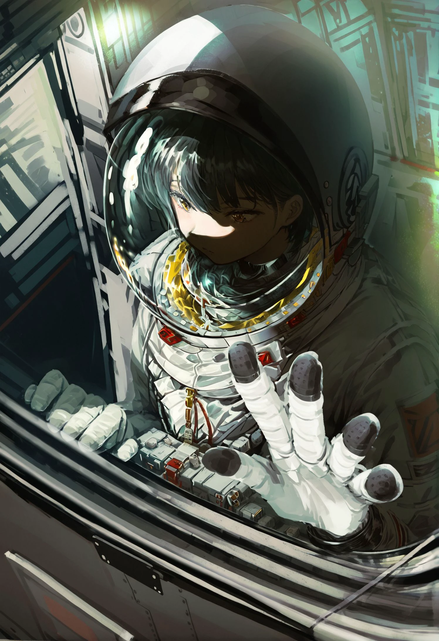 masterpiece, best quality,spacesuit, astronaut, space helmet, solo, helmet, space, reflection, black hair, 1girl, short hair, upper body, closed mouth 
<lora:xilmoXLlokr4f-000185:0.95>