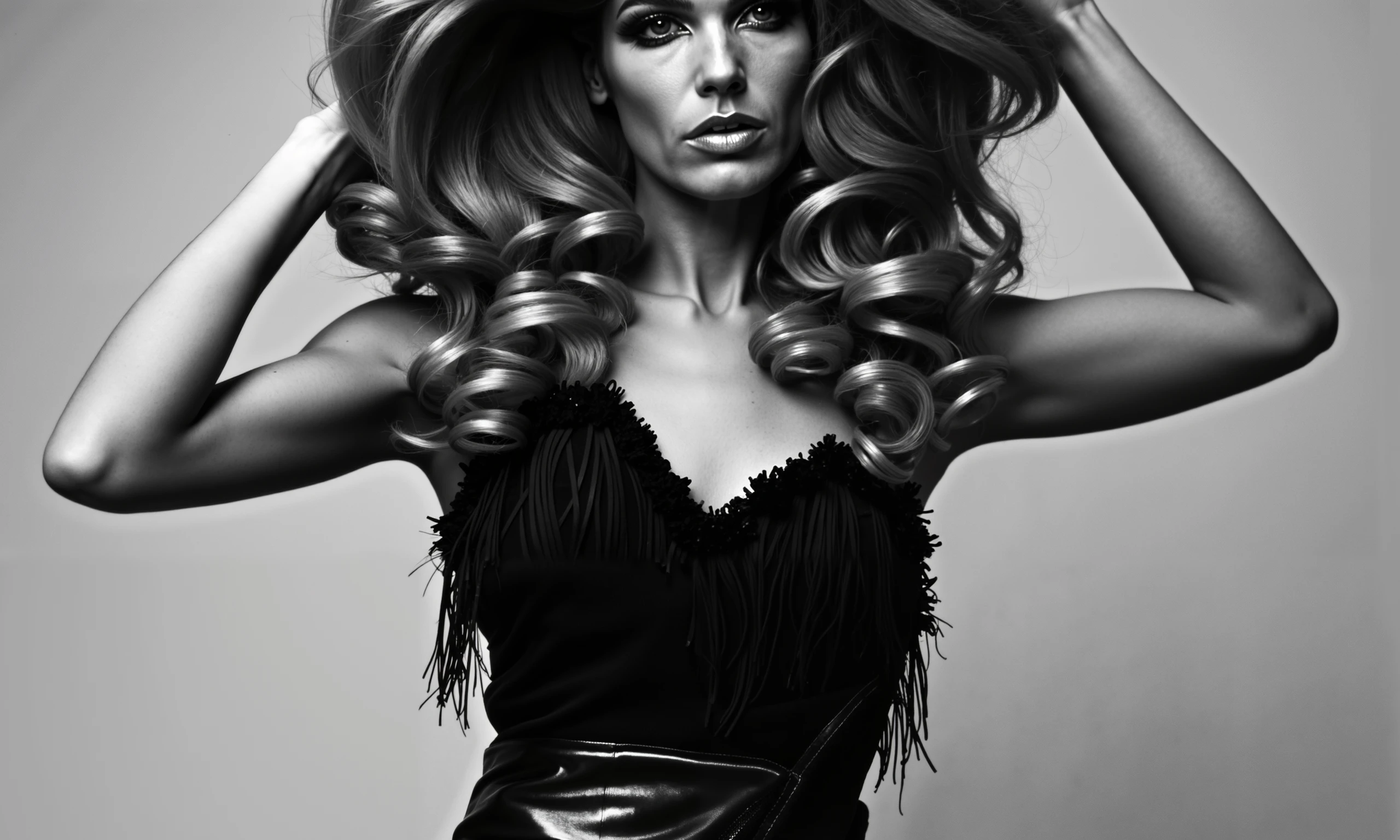 Veruschka,a bold black-and-white fashion editorial featuring Veruschka, the iconic 70s model. She is wearing a sleek, fringed black top and shiny leather pants, striking a powerful, confident pose with her hands in her hair. The lighting should be high-contrast, emphasizing her fierce expression and the texture of the outfit. The overall mood should evoke the edgy, glamorous energy of 1970s fashion photography, highlighting Veruschka’s striking presence and timeless style.