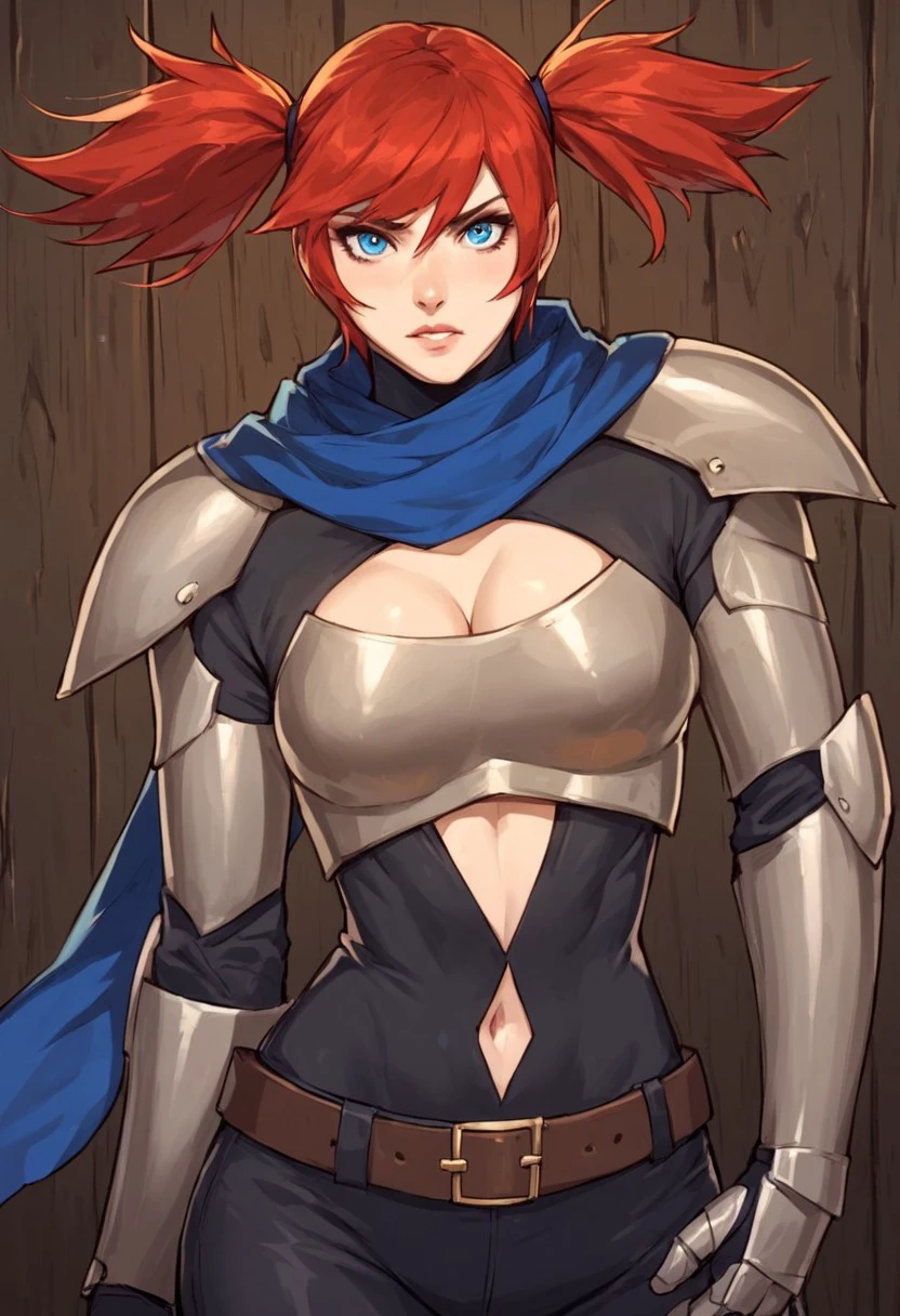 score_9, score_8_up, score_7_up, score_6_up, source_realistic, upper body, BREAK 1girl, Solo, Jean, red hair, twintails, blue eyes, medium breasts, black bodysuit, blue scarf, center opening, cleavage cutout, naval, breastplate, pauldrons, armor, belt, gauntlets,