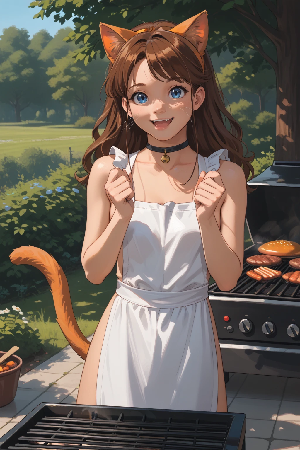 score_9, score_8_up, 1girl, solo, <lora:NSSteampunkerTerraria:1> NSStpumker, brown hair, long hair, blue eyes, black choker, cat ears, cat tail, orange ears, orange tail, whiskers, outdoors, grill, white apron, happy, naked apron