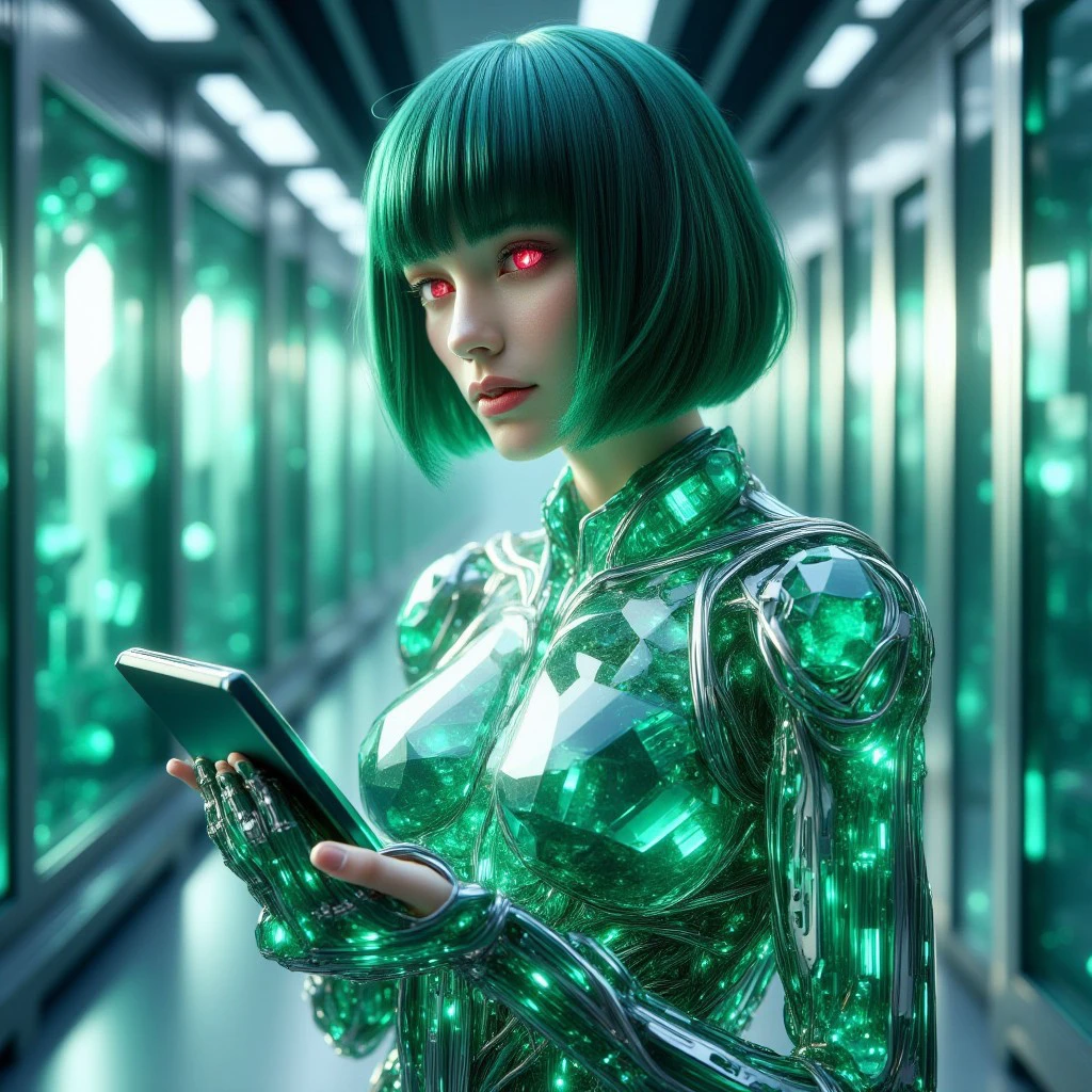 nv_gemtech peridot , a woman with a green bob cut hair and red eyes , holding a data tablet in an advanced lab ,