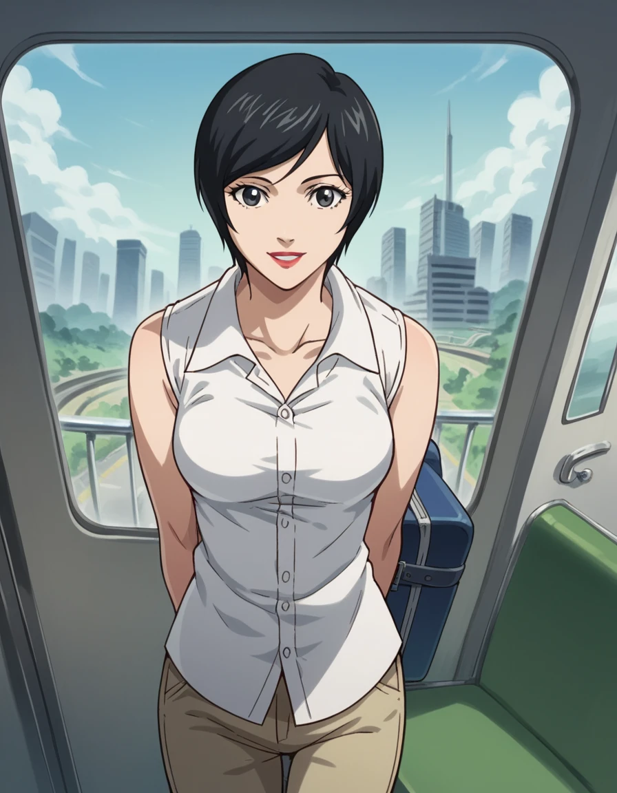 score_9, score_8_up, score_7_up, source_anime, <lora:takada-kiyomi-anime-ponyxl-lora-nochekaiser:1>, takada kiyomi, short hair, black hair, black eyes, lipstick, medium breasts,, shirt, sleeveless, pants, sleeveless shirt, collarbone,, train station, waiting for train, suitcase, traveling, commute, city skyline, hands behind back,, smile, looking at viewer, hand with fingers spread out, solo,, cowboy shot, dutch angle