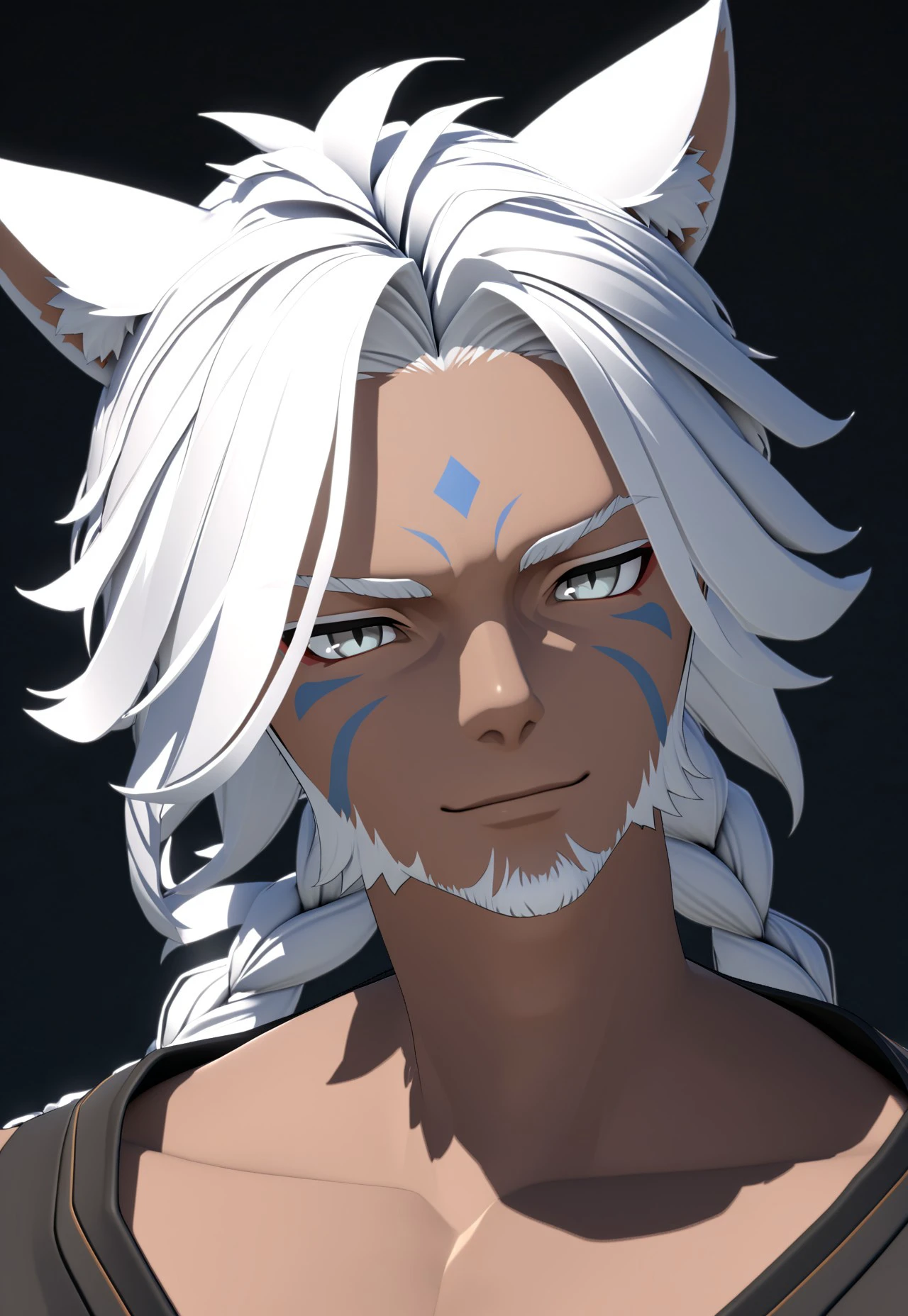 A cinematic shot, catboy, solo, animal ears, dark skin, 1boy, face_2_xiv, dark-skinned male, male focus, dreadlocks, facial hair, cat ears, white hair, beard, portrait, braid, facial mark, white eyes, closed mouth, miqo'te, ffxiv, 3d, masterpiece, best quality, very aesthetic, absurdres