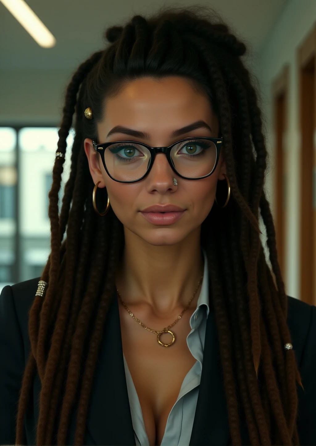 Indica Flower is woman with nose ring and dreadlocks. she wears a woman suit and glasses in an office. green eyes. detailed eyes and detailed skin <lora:IndicaFlower:0.9>