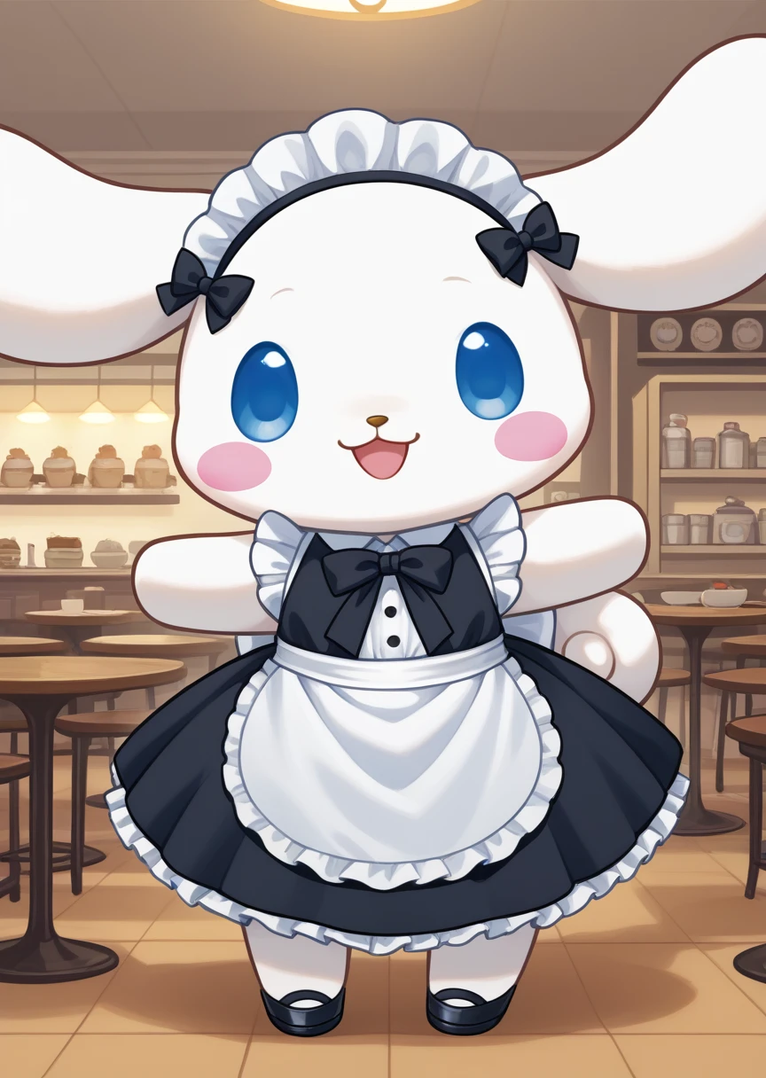 score_9, score_8_up, score_7_up, BREAK
source_anime, source_furry, Cinnamoroll, solo, looking at viewer, smile, open mouth, blue eyes, standing, :d, no humans, blush stickers, happy, cafe, cute, kawaii, chibi, long ears, white fur, maid uniform, maid headdress