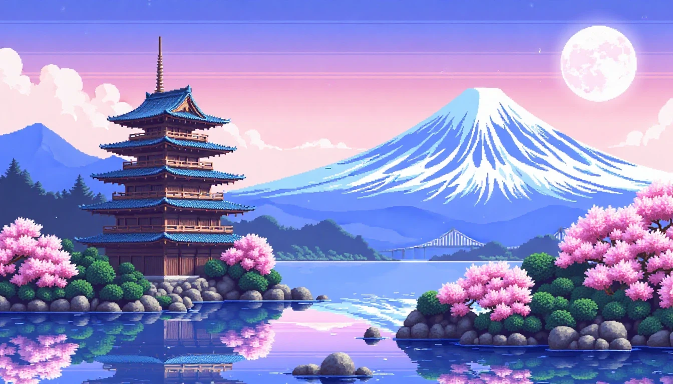A detailed pixel art depiction of a serene japanese landscape at twilight. The main subject is a majestic, ornate pagoda with a pointed roof, situated on a rocky outcrop overlooking a tranquil body of water. Surrounding the pagoda are lush greenery, including cherry blossom trees in full bloom. The sky is painted in soft hues of pink, purple, and blue, with a full moon casting a soft glow over the scene. The mountains in the background are covered in snow, and the water reflects the colors of the sky. The image's style resembles traditional pixel art, emphasizing intricate details and a dreamlike quality.