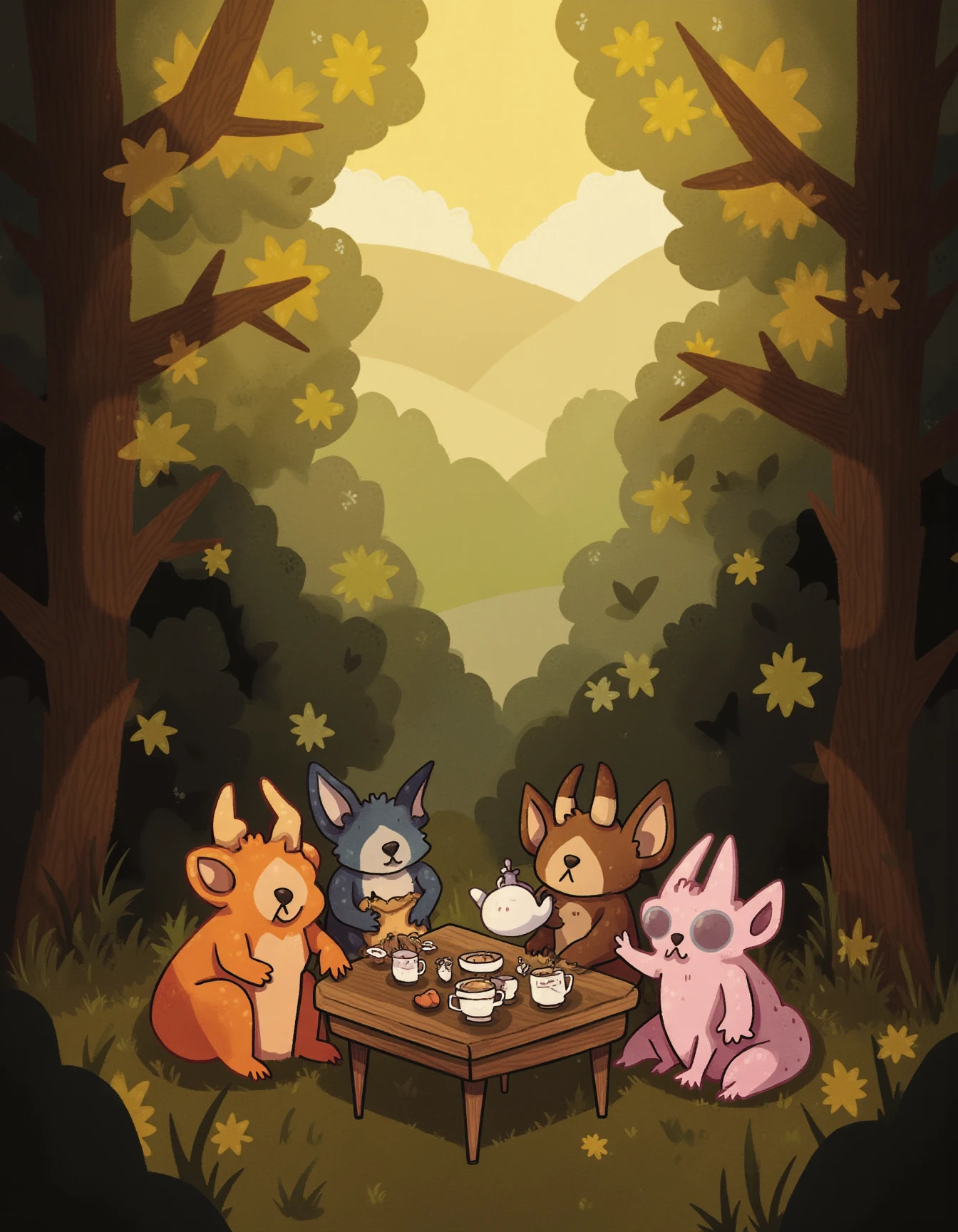 whimsyglo style image. In a magical, serene forest clearing, small, whimsical creatures gather around a rustic wooden table for a tea party. Soft golden light filters through the trees, casting warm shadows on the scene. Teapots and cups are arranged on the table, while the creatures chat and laugh, their designs simple yet charming, with soft textures and a painterly touch. <lora:Whimsyglo style_epoch_19:1>