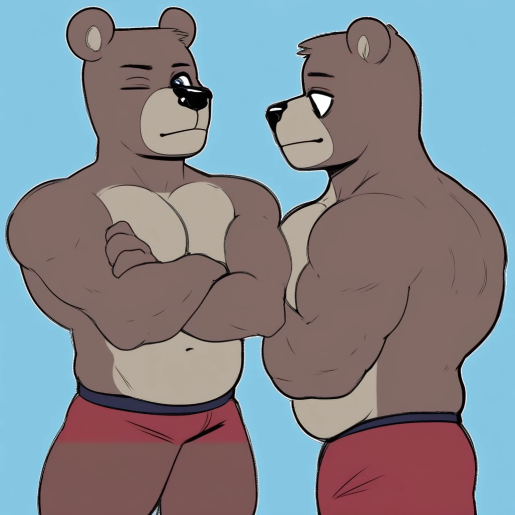 1boy, Standing, arms crossed, Muscular, male, furry, furry male, brown bear, thick thighs, big pectorals, defined abs. animal ears, flat top haircut, winking.