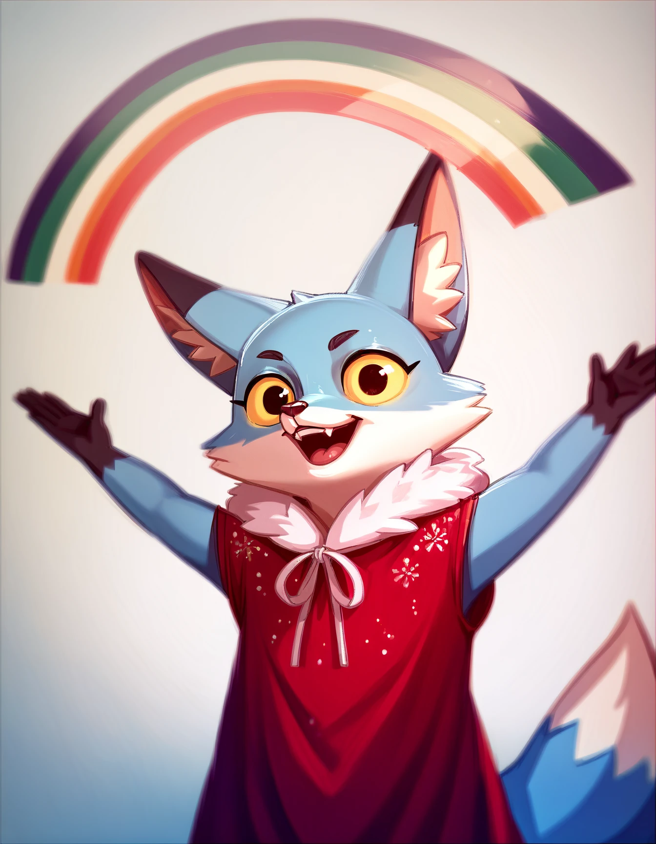 score_9, score_8_up, score_7_up, score_6_up, score_5_up,  source_furry
Asya, solo, blue fur, fox, yellow sclera, red dress with white fur trim, rainbow, outstretched arms, arms up <lora:ImaginationSpongebobMeme_pdxl_Incrs_v1:1.1>
<lora:Asya_XL:0.9>