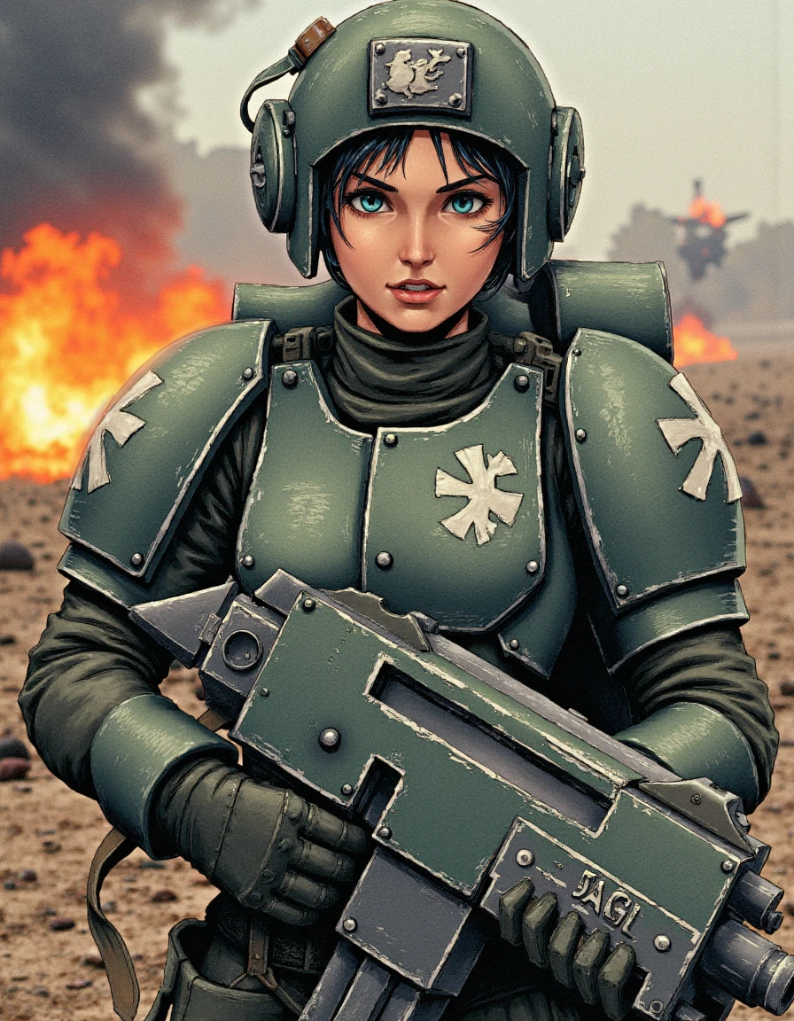 In a graphic novel style comic, envision a battle-hardened Cadian female officer, standing firm with her bolter clutched confidently in her hands. Her pristine Cadian armor, though marked with the dents and scratches of war, remains a symbol of discipline and order. Her face is framed by a slightly askew helmet, strands of short, dark hair falling free from underneath, and her stern blue eyes are fixed ahead, calm and determined. A deep scar runs across her cheek, and her jaw is set with unyielding resolve. Her bolter rests easily against her hip, its massive bulk a sharp contrast to her controlled, poised stance. Behind her, the war-torn battlefield blurs into smoke and fire, with explosions faintly visible in the distance. The precision of her armor, the powerful stance with the bolter, and her grim expression are rendered with sharp lines and attention to detail, capturing her as a symbol of duty amidst chaos.