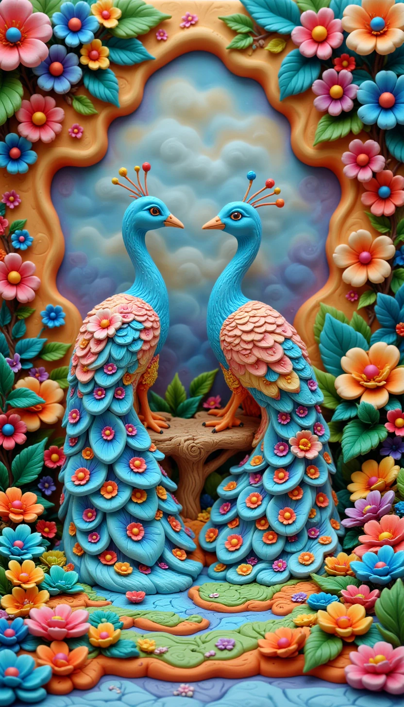 p1nk1ecl4y, clay art, A serene scene of pastel iridescent peacocks with elaborate tail feathers