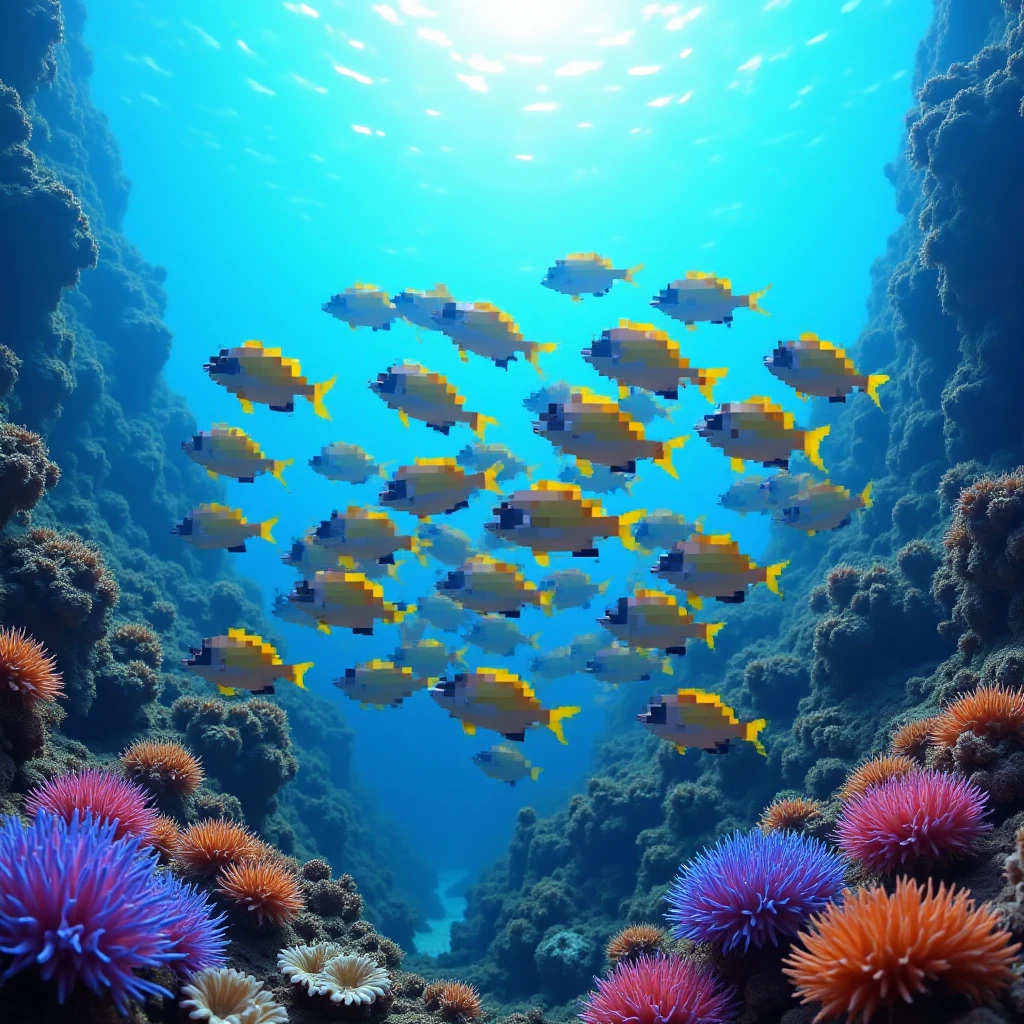 A vibrant underwater photograph of a school of colorful tropical fish that are censored, swimming together in unison, with a stunning background of ocean coral reefs, featuring bright blue and purple sea anemones, sea fans, and brain corals, illuminated by warm sunlight filtering down from the surface.