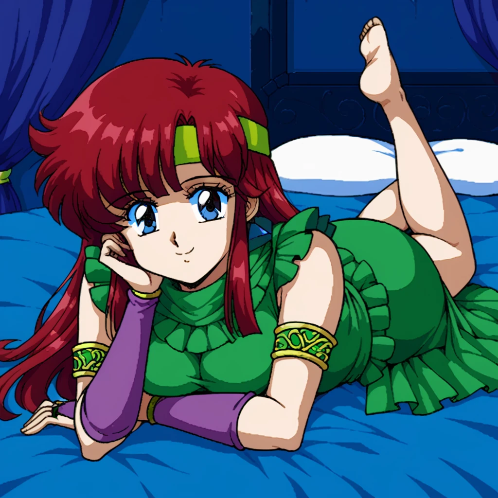 Absurdres, 1girl, solo, full body, smile, bedroom, lying sideways, looking at viewer, DKLuna, DK1Luna, 1girl, smile, bridal gauntlets, green frilled dress, headband, skirt, sleeveless, red hair, <lora:DKLuna_SDXL-000005:1.0>