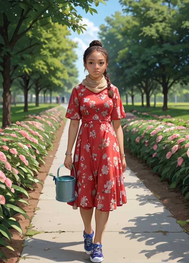 score_9, score_8_up, score_7_up, score_6_up, photo of <lora:Skai_Jackson_pony:1>, skaijackson ,  is a (sweet florist) 20yo  young black woman , wearing a floral print cotton dress with flower patterns, casual sneakers, stylish scarf,carrying a watering can, walking down the runway, poised, set in a serene greenhouse, featuring vibrant flowers, rustic wooden benches, and ivy-covered trellises, creating a peaceful retreat,   (amused:1.2),  chestnut brown fishtail braids hairstyle, 1 women, solo, perfect human anatomy, perfecteyes, black eyes,   slim thick thighs  ((medium perky breasts covered)) <lora:add-detail-xl:.75> <lora:SexyConiAI:.2> <lora:ah:.4>  <lora:Expressive_H:1>