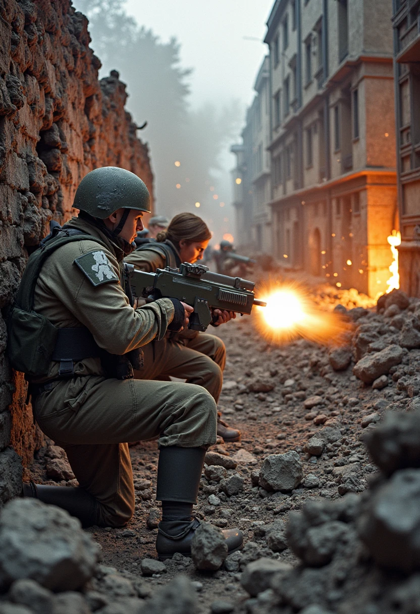 In the war-torn remains of a once-thriving city, a squad of Cadian Guardsmen is locked in a fierce firefight with enemy forces. The male sergeant, his uniform covered in dust and rubble, barks orders as he fires his lasgun from behind the cover of a crumbled wall. A female Guardsman beside him reloads quickly, her expression focused as she leans out of cover to take a shot, the glow of her lasgun lighting up the darkened street. A second male Guardsman, further down the line, sprays suppressing fire as bullets and debris fly through the air. The sound of explosions and gunfire echoes off the shattered buildings, and the tension is palpable as the Cadians fight to hold their ground. Photorealism & Style: Medium shot from ground level, capturing the intense action of the Cadians firing through the ruins. Light from fires and lasgun blasts illuminates the scene, with debris and dust particles visible in the air. The camera focuses on the sergeant and female Guardsman in sharp detail, with other soldiers and enemies blurred in the chaotic background.