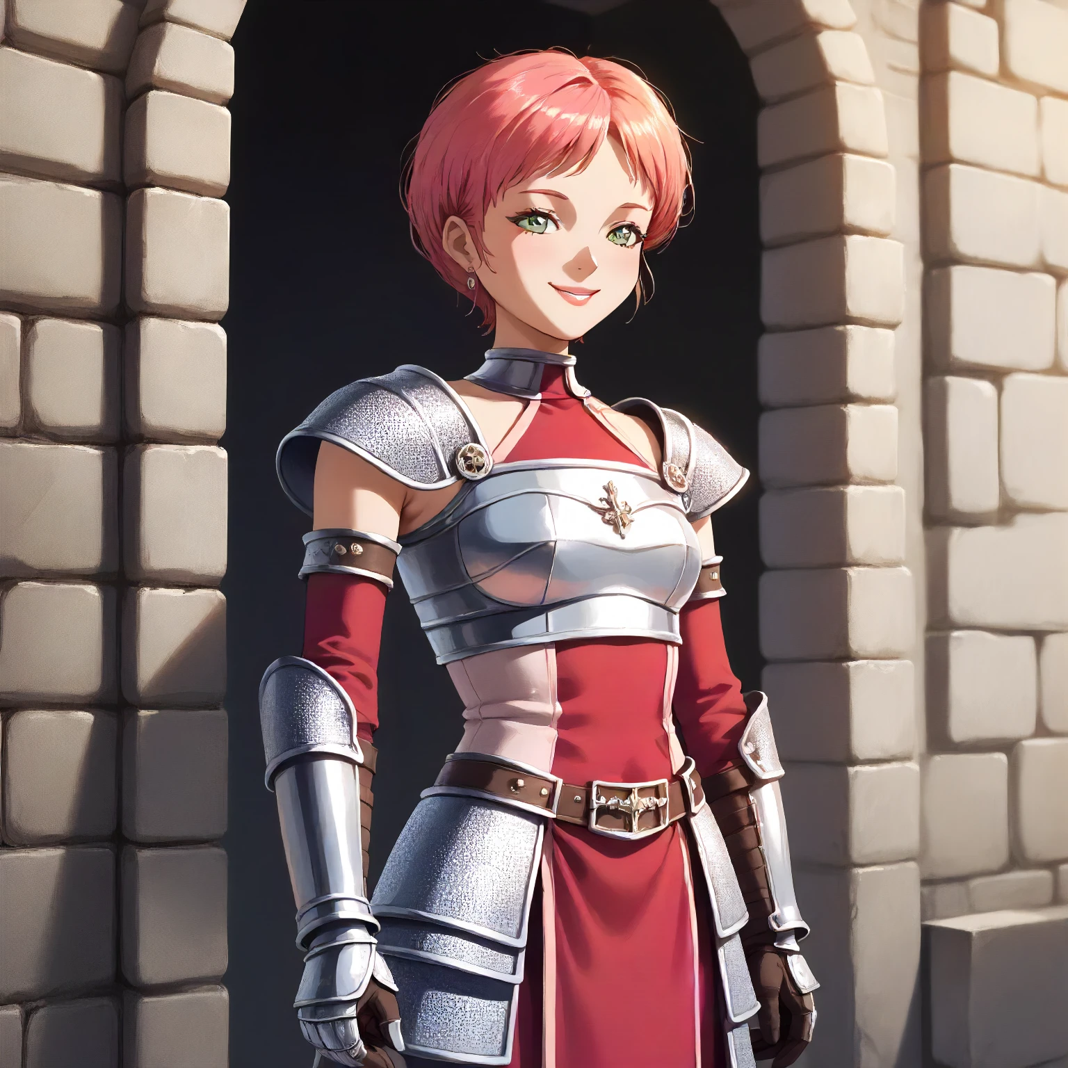 cla3lita, solo, smile,  <lora:Character CL Aelita Schaeffer:1> cowboy shot. knight armor, medieval setting, score_9, score_8_up, score_7_up, score_6_up, score_5_up, score_4_up, masterpiece, detailxl. BREAK