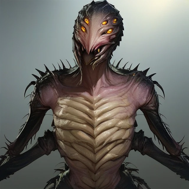 alien humanoid, DonMU17r4G34rXL, score_9, score_8_up, score_7_up,masterpiece, absurdres, solo, portrait face, (close up:1.2), (detailed eyes, deep eyes),  (gorgon - evolve, (4 arms, 4 legs),  multi eyes, ) Giant, arachnid, arthropod limbs, large abdomen, spider legs, chitin, spiky back, yellow eyes ,extra legs, extra eyes, monster, monster girl, extra arms, jade skin, claws,  Arms under chest, monster, monster girl, teeth, sharp teeth, <lora:Gorgon_-_Evolve-000008:0.65>