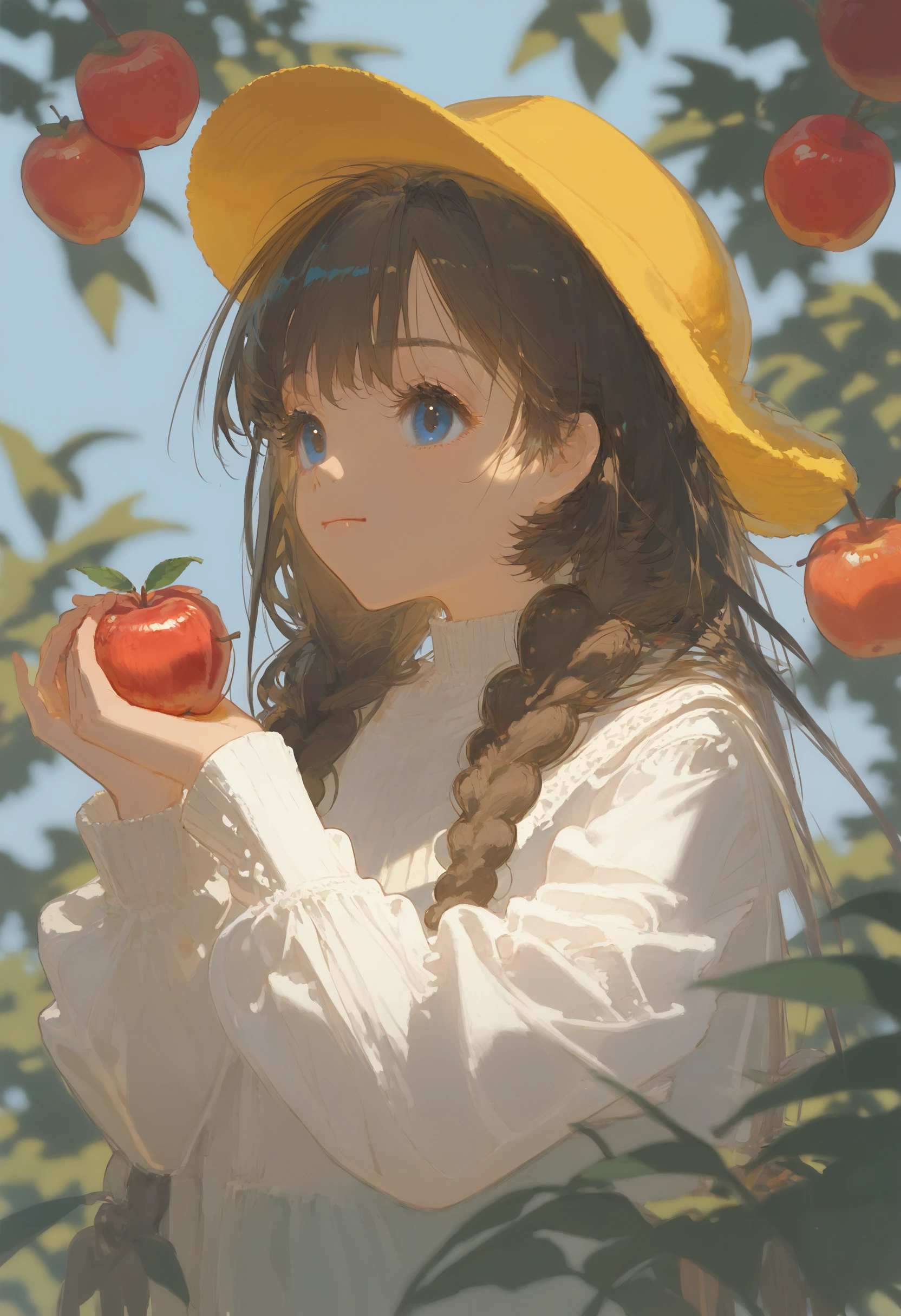 score_9, score_8_up, score_7_up, 1girl, fruit, solo, food, holding, braid, long hair, brown hair, holding food, holding fruit, apple, long sleeves, yellow headwear, blurry, outdoors, twin braids, upper body, closed mouth, looking up, blurry background, tree, hat, bangs, blue eyes, hands up, day
<lora:style_redum_pony_2:1>