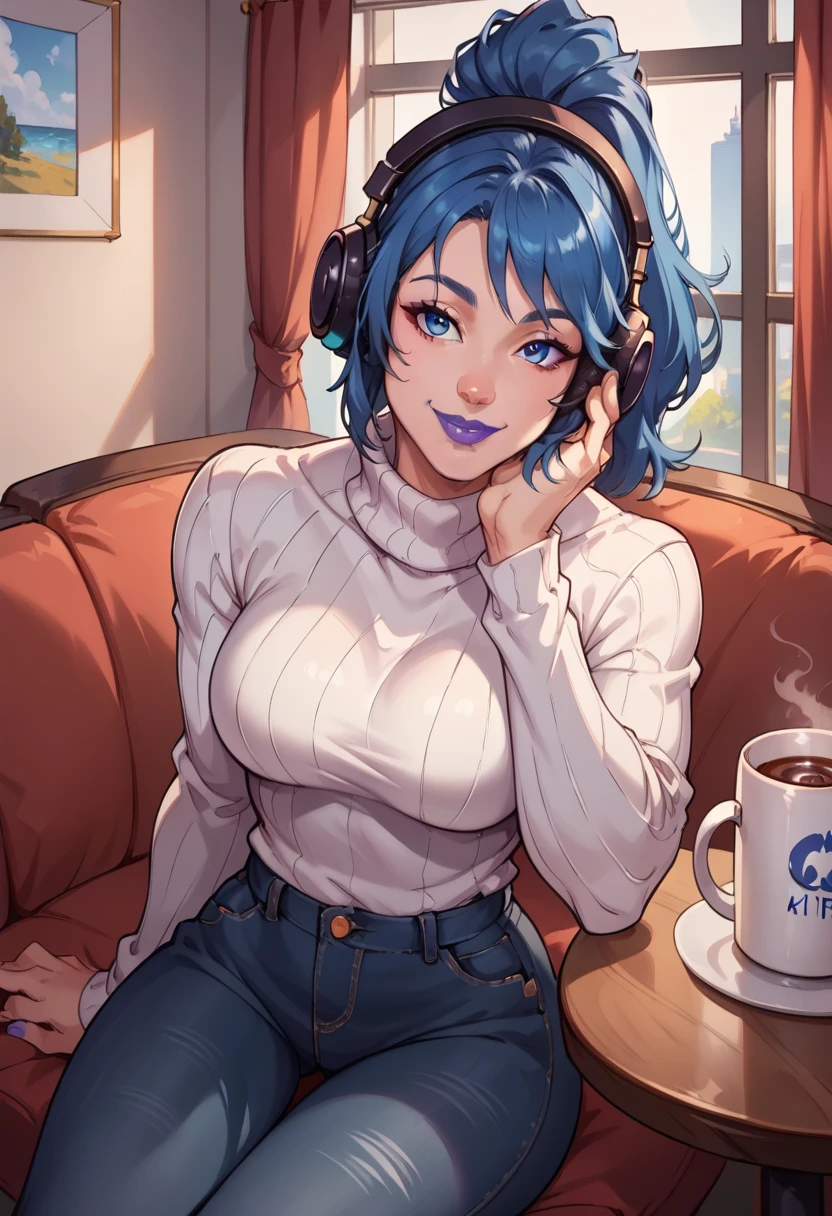 score_9, score_8_up, score_7_up,  source_anime,  BREAK,  <lora:FNHeroicHope-000008:0.9>,  FNHeroHop, blue hair, headphones, ponytail, medium hair, blue eyes, purple lips, sitting, indoors, curtains, table, couch, hand on own face, white turtleneck, breasts, jeans, coffee mug, 1 girl, solo, looking at viewer, smile