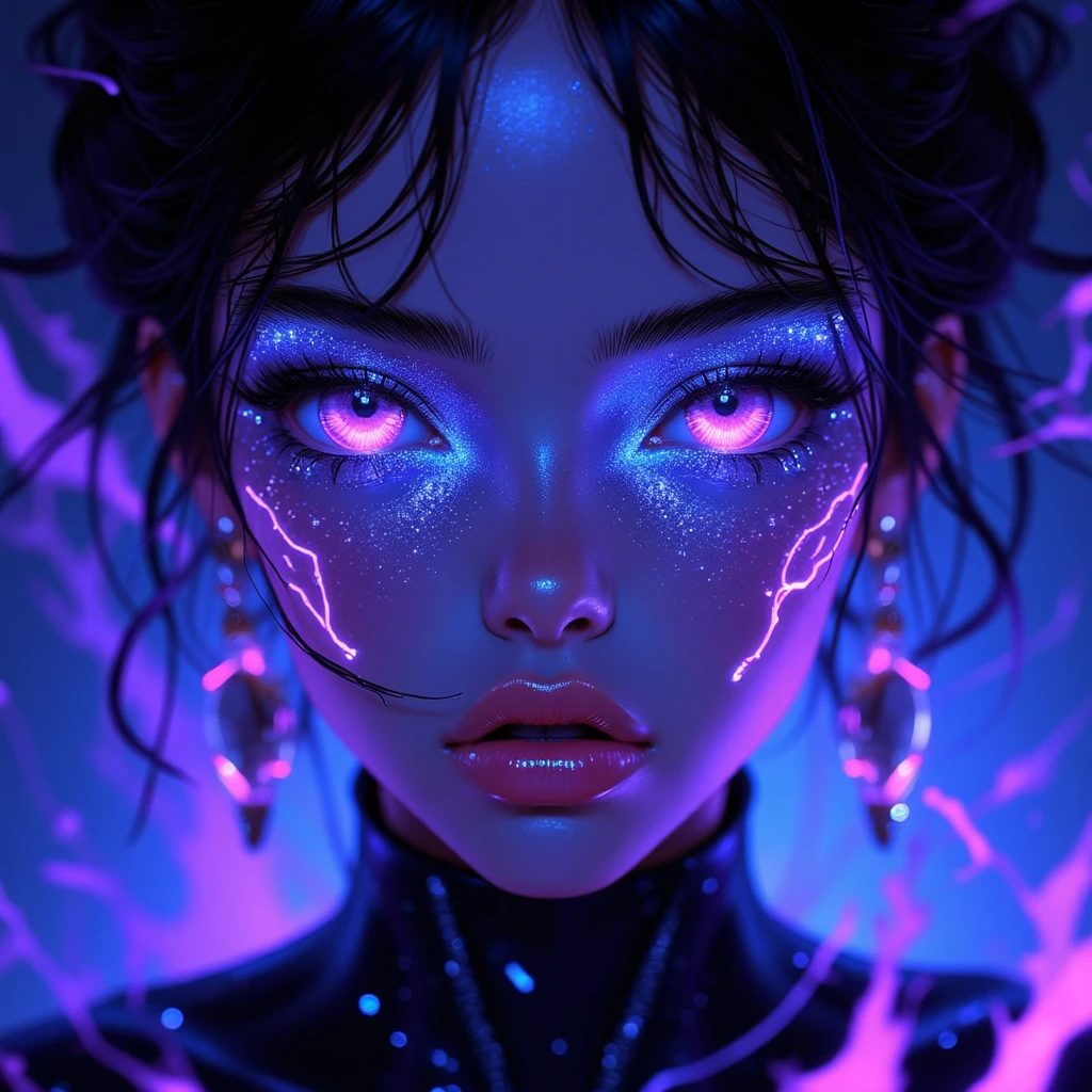 anime_martz, anime_source, stunning close-up of a breathtaking female face, with intricate cybernetic features seamlessly blending with organic skin, glowing neon blue and purple circuitry pulsing beneath her flawless complexion. Her eyes are piercing, a mesmerizing mix of neon violet and electric blue, radiating ethereal energy. Wisps of luminescent hair float around her, each strand infused with flowing light. The background is a swirl of dark and vibrant hues, like a galactic nebula exploding behind her, while dark and glossy paint splashes accentuate her striking expression. The composition exudes power and beauty, creating the most awe-inspiring, futuristic goddess-like image ever seen. etheral_makeup, make-up, makeup.