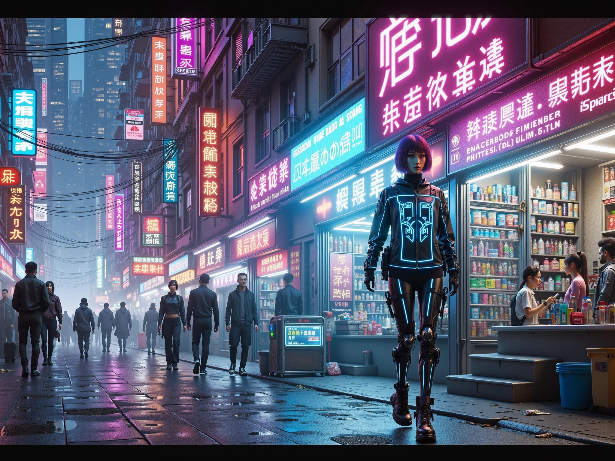 <lora:Neon_Cyberpunk_Detailer_FLUX_single_trigger:0.6> mad-cbrpnk-dtlr, woman walking in front of a store in a cyberpunk slum, bustling crowd, apartment building, futuristic glowing clothing, neon signs, hologram, ads