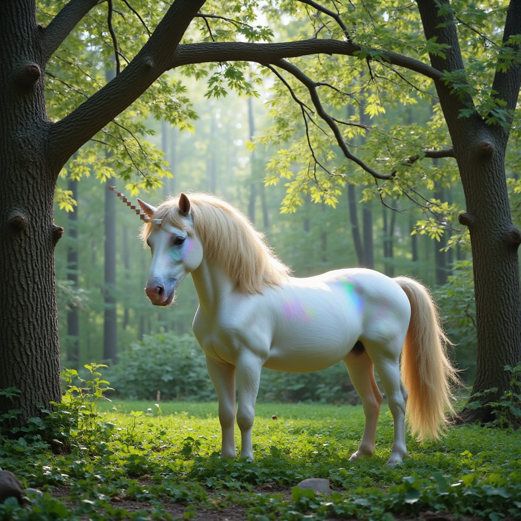 A proud unicorn stands confidently at the edge of a vibrant magic forest, its coat shimmering with iridescent colors, mane flowing in the wind, and horn glimmering with soft, ethereal light, surrounded by lush green foliage and ancient trees that seem to lean in, as if listening to the unicorn's majestic presence. His horn is censored.