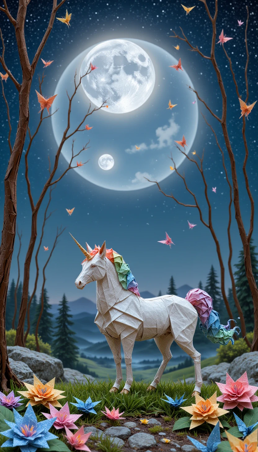 0r1gam1styl3, origami art,A fantasy illustration of a glowing unicorn in a moonlit forest, its mane and tail flowing with radiant energy