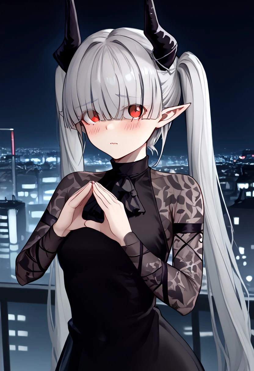 1girl, solo, highres, chained_sarkaz_girl, hair over eyes, eyes visible through hair, demon horns, blunt bangs, red eyes, pointy ears, pale skin, white hair, grey hair, twintails,
black dress, pantyhose, patterned clothes, see-through sleeves, black sock, black ascot,
triangle_hands, steepled fingers, hands up, own hands together, index finger together, looking at viewer, blush, embarassed, from side, dutch angle,
dark, night, night sky, cityscape, neon light, rooftop, backlighting,