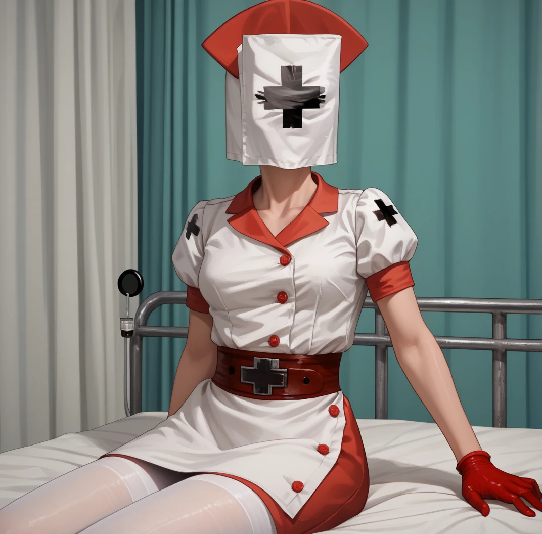 score_9, score_8_up, score_7_up, score_6_up, score_5_up, score_4_up, hud_r3aper_nrse, 1girl, solo, nurse, nurse cap, red gloves, blood on clothes, dress, short sleeves, belt, white pantyhose, giant syringe, <lora:hud_r3aper_nrse_XLP:0.8> , hospital bed,