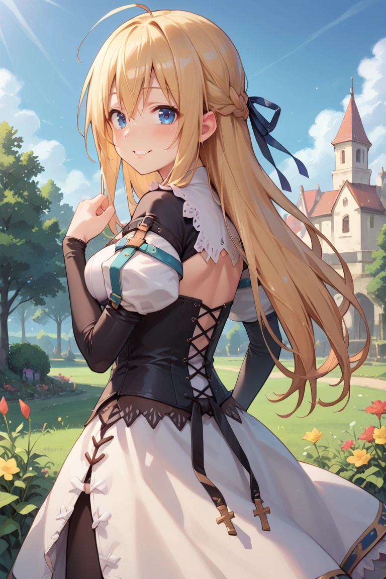 score_9, score_8_up, score_7_up, score_6_up, source_anime, BREAK,<lora:Yggdra:0.8> , yggdef, 1girl, blonde hair, long hair, blue eyes, hair ribbon, juliet sleeves, black sleeves, dress, cross-laced clothes, cross-laced dress, lace-trimmed dress, lace trim, corset, black pantyhose, (from behind), smile, looking at viewer,  <lora:backgroundsetXL:0.3> , background, blue sky, meadow, garden, castle,  <lora:Expressive_H:0.8> , expressiveh,