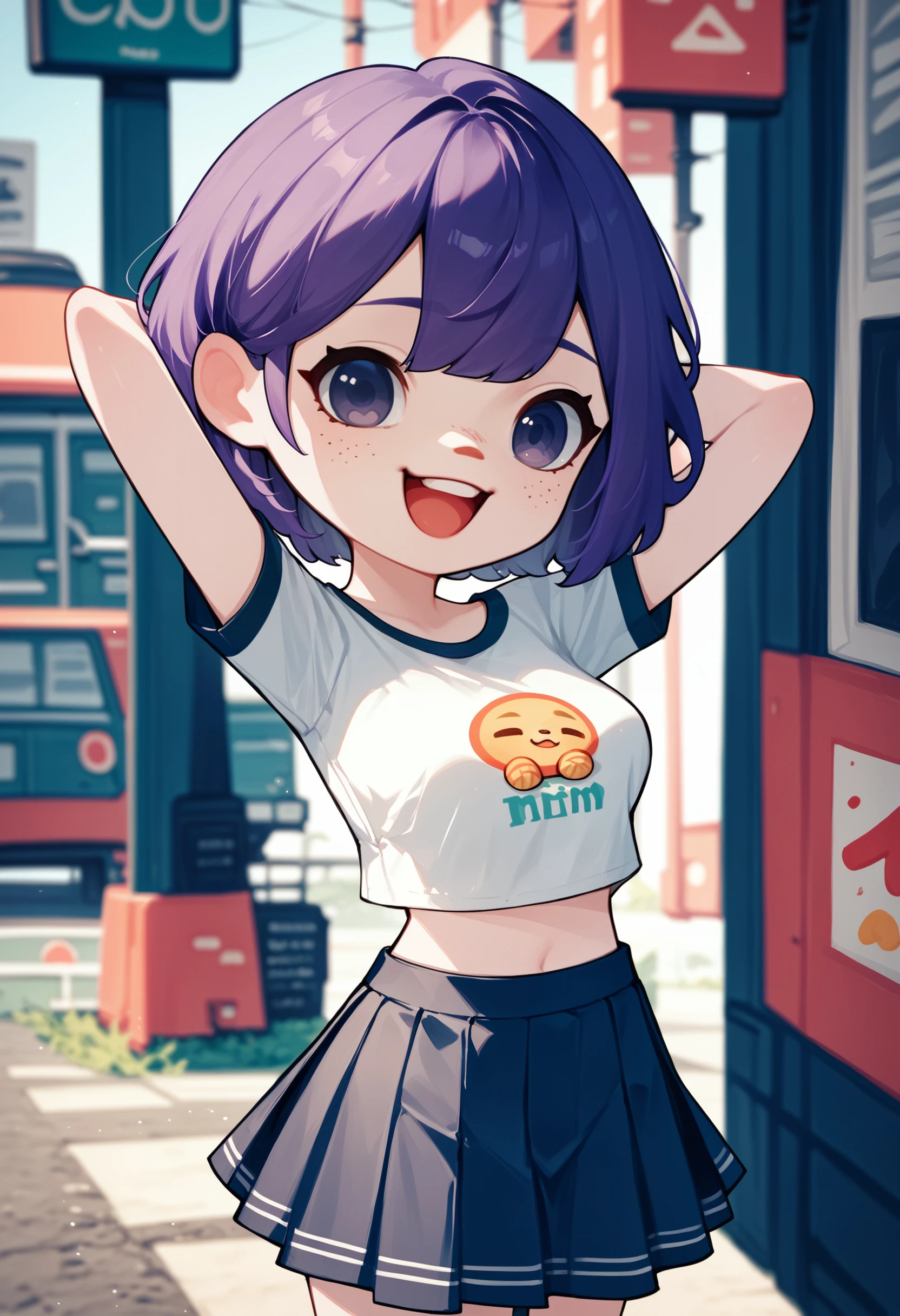 zPDXL3, score_9, score_8_up, score_7_up, score_6_up, score_5_up, score_4_up, 
1girl, 
medium breasts, 
multicolored eyes,
purple hair,
short hair,
quiff,
excited,
arms behind head,
crop top,
overall skirt,
bus stop,
acvillager, chibi, solo,
<lora:AnimalCrossing - Villager v2:1>