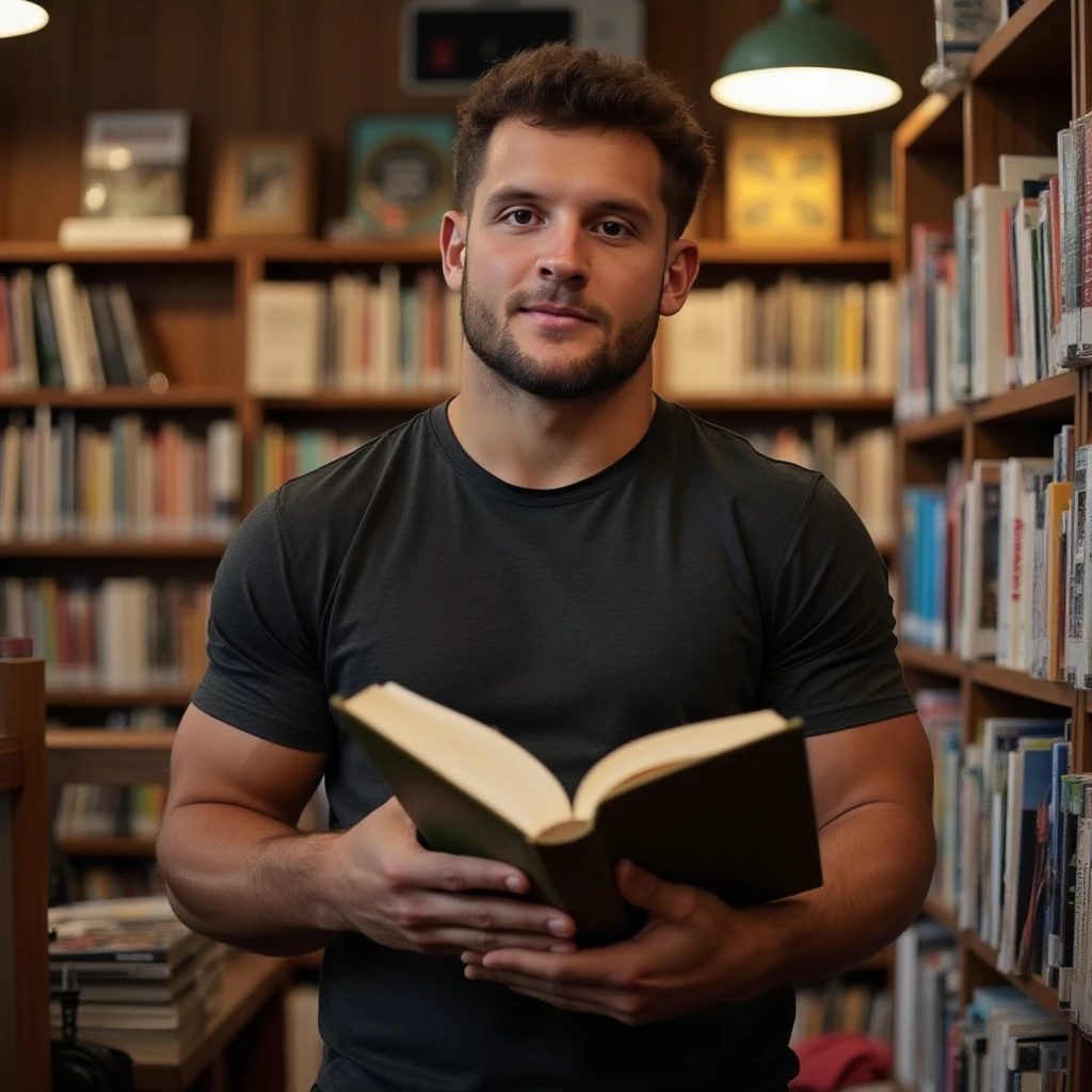 man, holding a book, at a bookstore, direct eye contact, looking at viewer, n1ck