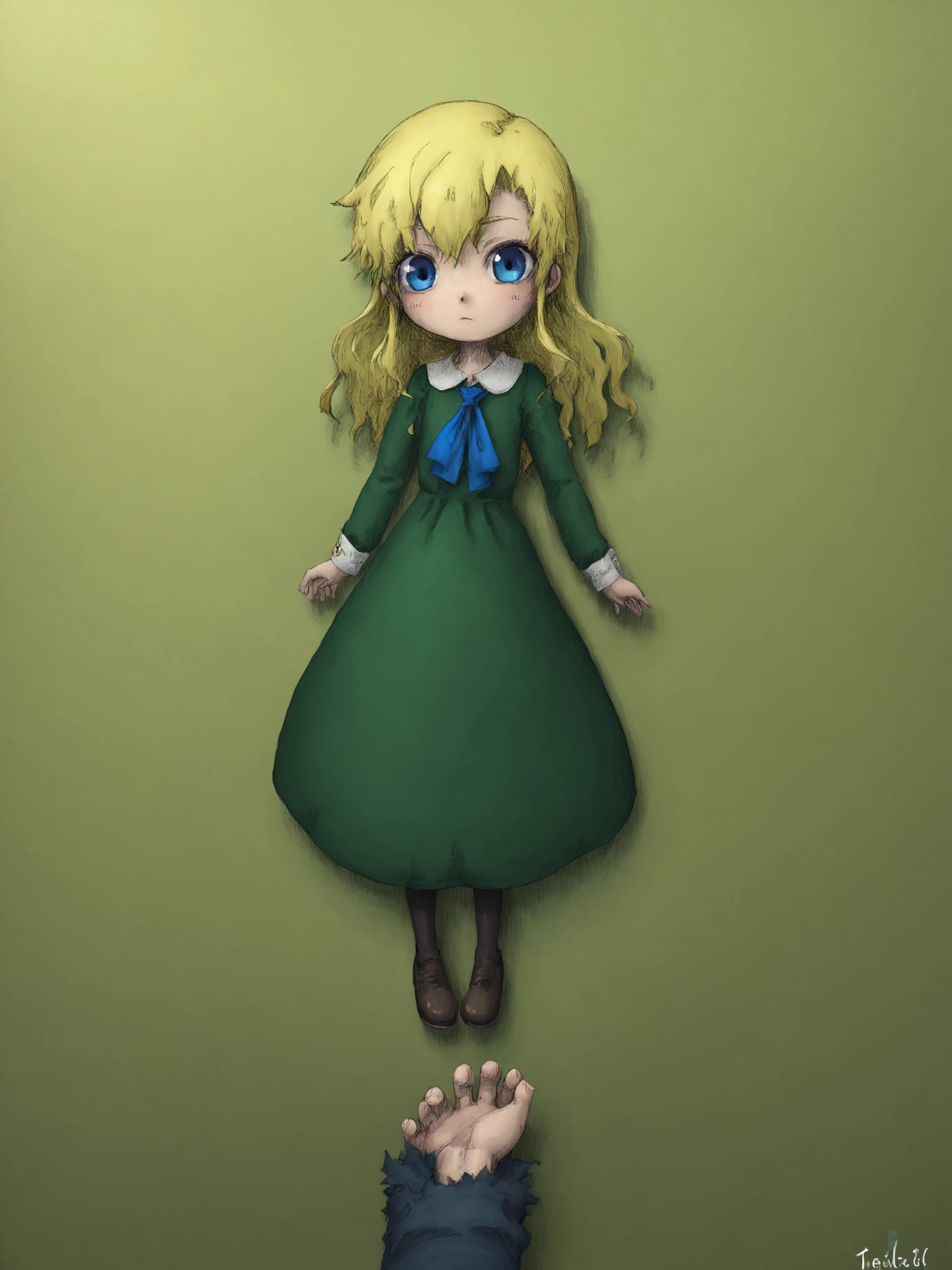 score_9, score_8_up, score_7_up, uncensored, ib,   
1girl, mary (ib), solo, long hair, (((child, aged_down))), flat_chest, blue eyes, blonde hair, long sleeves, dress, pantyhose, shoes, green dress, pov, 