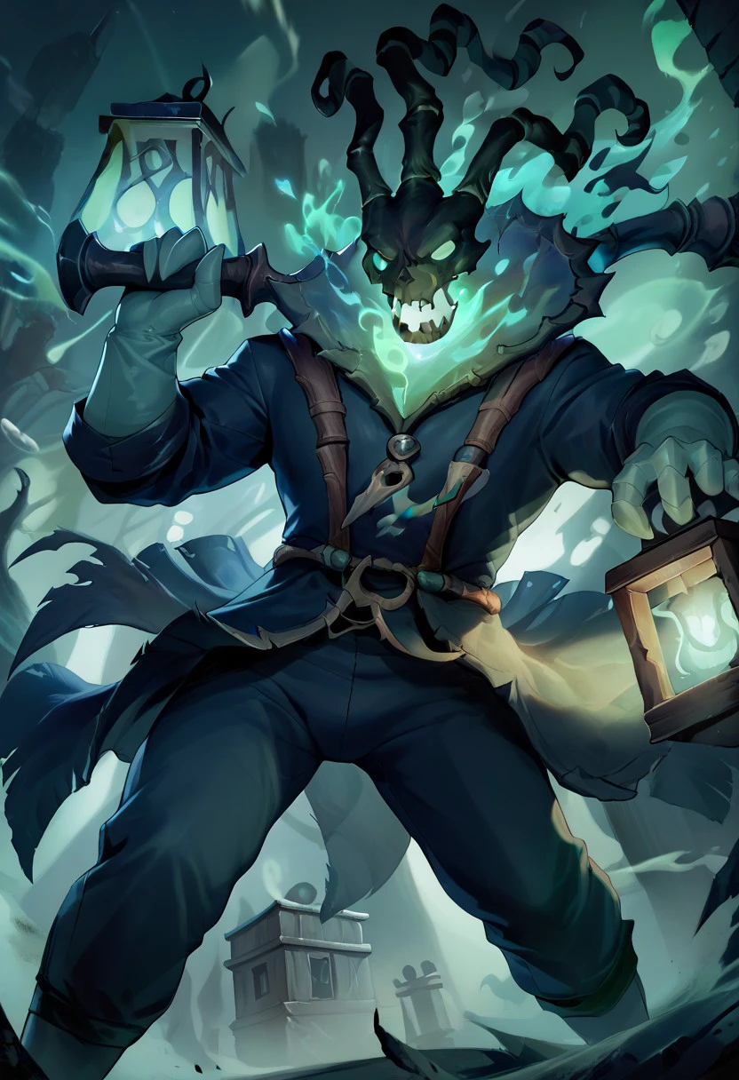 <lora:Thresh&ModekaiserPonyXLv04-000020:1>,score_9,score_8_up,score_7_up,thresh,league of legends+riot games+tencent,bo lu,|||,5 fingers ,black body ,bone ,bottomwear ,clothed ,clothing ,colored fire ,detailed background ,fingers ,fire ,front view ,gloves ,green fire ,handwear ,holding object ,holding weapon ,lamp ,lantern ,melee weapon ,not furry ,pants ,skull ,solo ,weapon,2013+absurd res+hi res+official art,,ghost+humanoid+spirit+undead