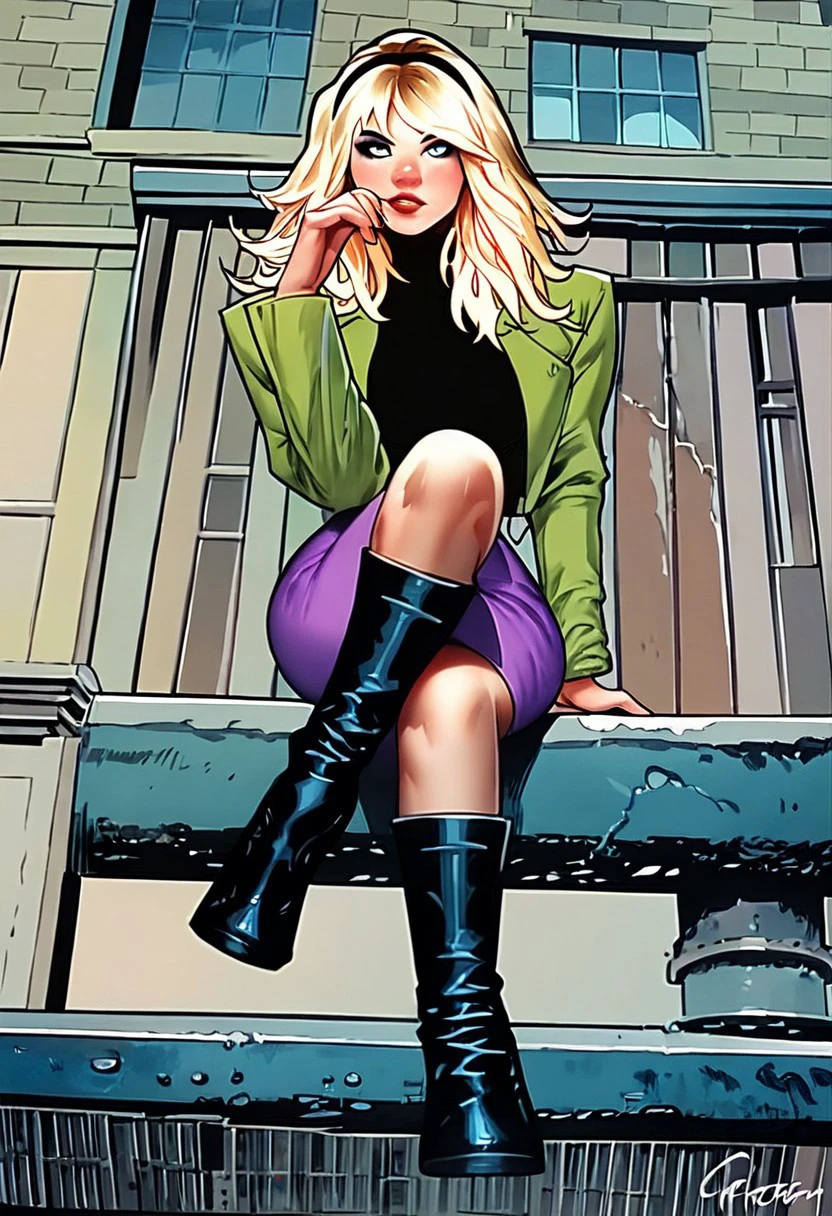 score_9, score_8_up, score_7_up,  score_6_up, score_5_up, Gwen Stacy, 1girl, solo, long hair, blue eyes, blonde hair, jacket, hairband, boots, black footwear, open jacket, black shirt, makeup, knee boots, black hairband, green jacket, medium breasts, purple skirt