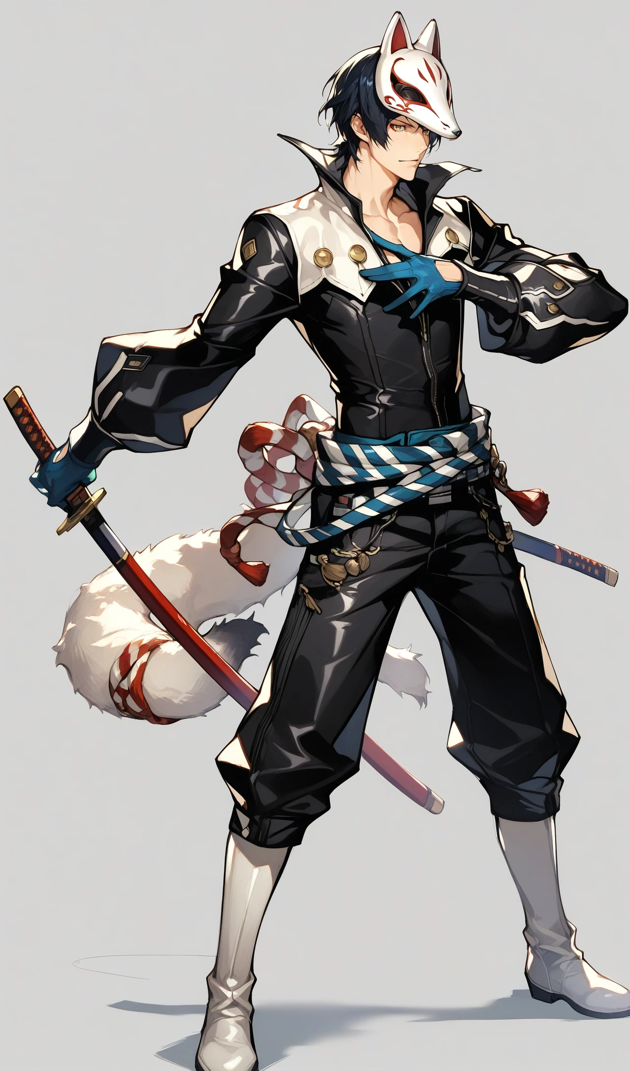 ,yusuke_kitagawa,fox mask,blue gloves,1boy,male focus,solo,sheath,gloves,tail,boots,katana,pants,belt,white boots,long sleeves,black pants,standing,score_9,score_8_up,score_7_up,source_anime,,somoss,simple background,white background,<lora:yusuke:0.8>,<lora:somoss:0.8>