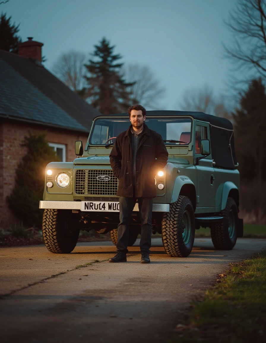 A man stands next to a classic olive green l4ndr0ver90 in the driveway of his home and Generate a dramatic, intense mood with high contrast between deep shadows and bright highlights. Use focused, harsh lighting to accentuate the tension and depth, enhancing the powerful emotional tone. <lora:flux1-dev-lora-lrd90-v1:1>