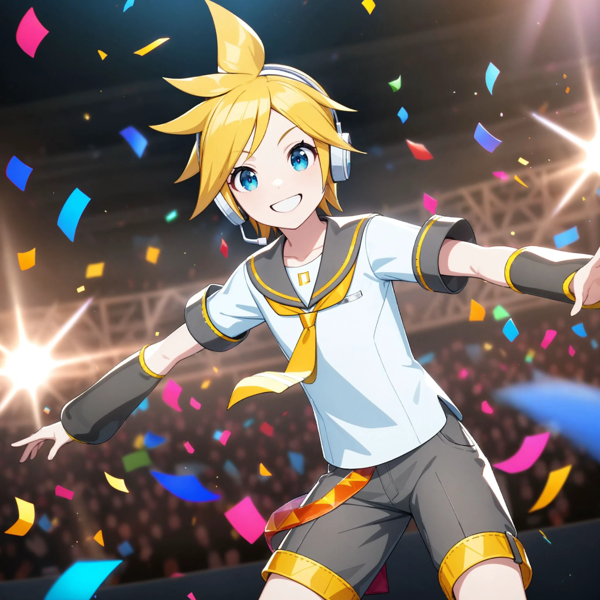 1boy, kagamine len, vocaroid, masterpiece, very aesthetic, absurdres, official art, newest,
default len, solo, blonde short hair, blue eyes, swept bangs,  cowboy shot, male focus, (contrapposto:1.2),
(looking at viewer:1.4), contrapost, arms up, outstretched arms, smiling, BREAK
headphones, headset, white shirt, short sleeves, grey sailor collar, yellow necktie, grey shorts, grey arm warmer, detached arm warmer,
show stage, stage light, neon light, confetti-flurry, psyllium, auditorium is filled with spectator,
<lora:sdxl-vs-DefaultLen01:0.8:lbw=0,0,0.2,0.2,0,0.4,0.4,0,0.8,0.8,0,0,0,0.8,0.8,0.6,0.8,0.0,0.0,0.0,0,0,0,0,0,0>