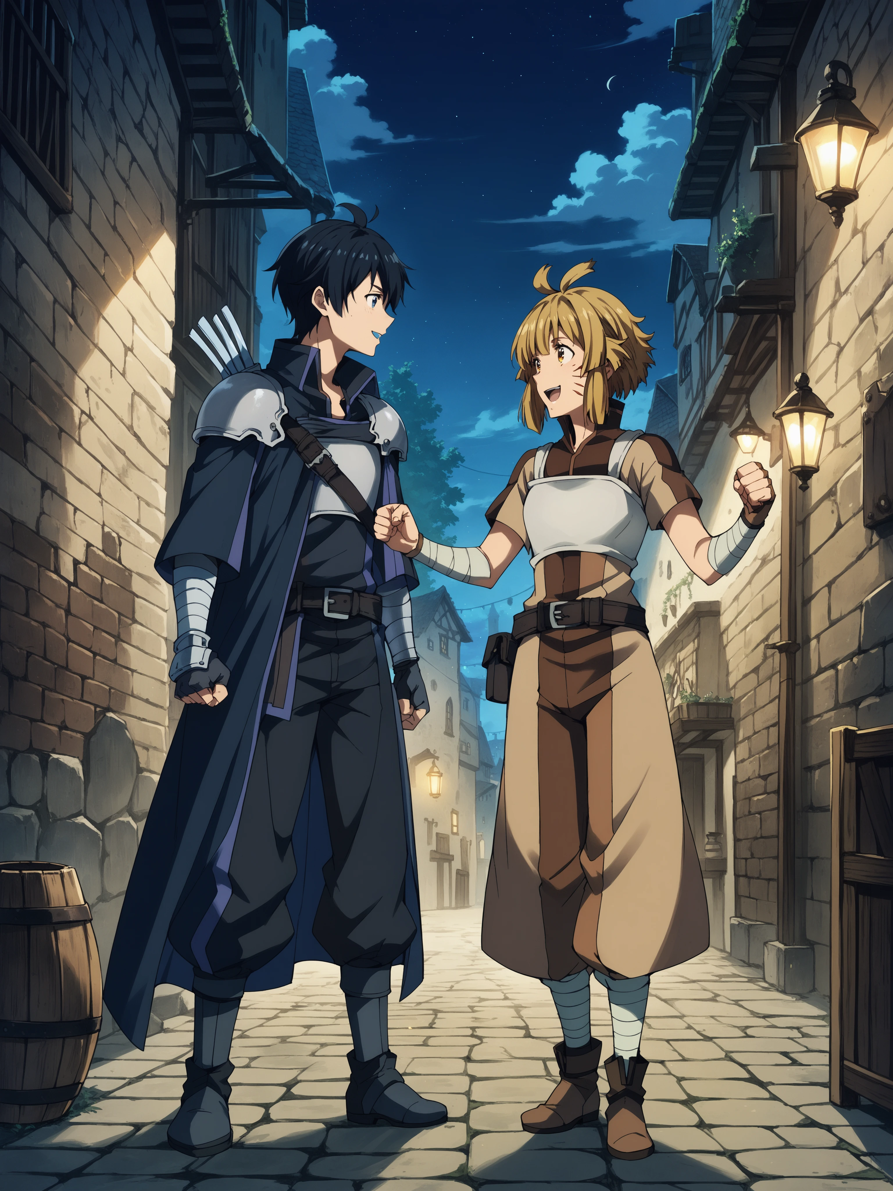 score_9, score_8_up, score_7_up, score_6_up, score_5_up, score_4_up, BREAK <lora:ArgoV11XL:1> argo the rat, 1girl, adventurer outfit, night, 1boy, kirito, alley, fantasy, medieval, fist bump, looking at another, excited,