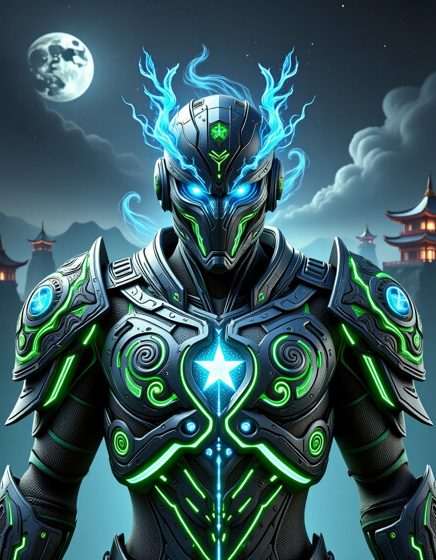 A soldier wearing kylin themed armor in the night