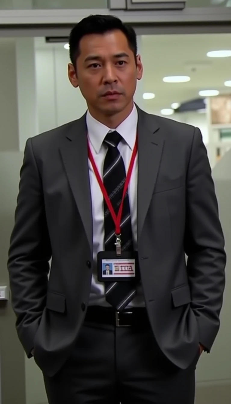 A photo of ICAC investigator. The image shows a man in a formal suit standing in an office setting. He is wearing a grey suit with a white shirt and a black tie. He has a red lanyard around his neck with a name tag attached to it