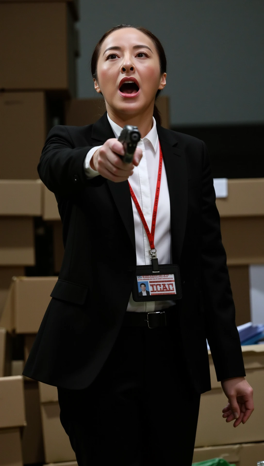 A cinematic photo of ICAC investigator on a warehouse. 

An old woman in a black suit and white shirt.

A red lanyard around her neck with a name tag attached to it.

She is shouting and holding a gun on the right hand and looking to the front.