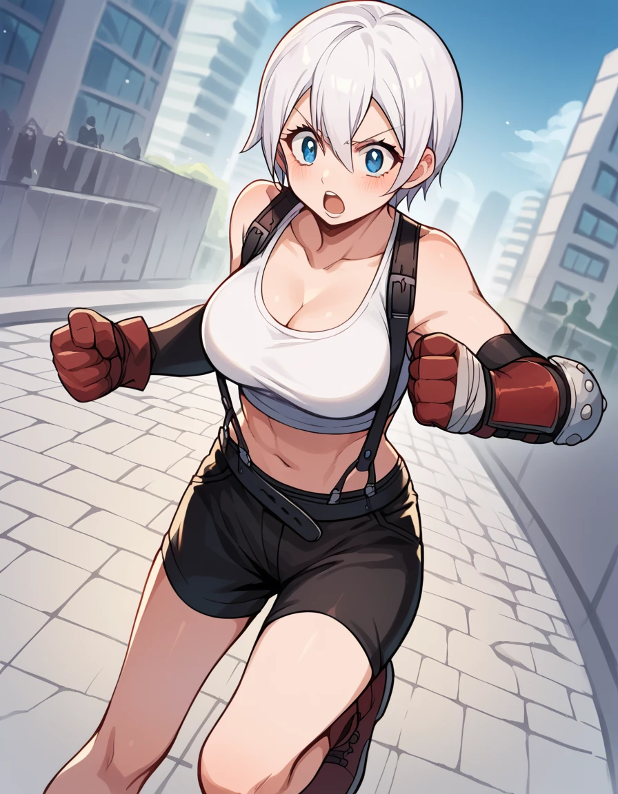 score_9, score_8_up, score_7_up, source_anime, <lora:lisanna-strauss-anime-ponyxl-lora-nochekaiser:1>, lisanna strauss, short hair, blue eyes, hair between eyes, white hair, large breasts,, <lora:tifa-lockhart-cosplay-ponyxl-lora-nochekaiser:1>, tifalockhartcosplay, tifa lockhart (cosplay), suspender skirt, suspenders, navel, midriff, white tank top, cleavage, elbow pads, crop top, tank top, shorts, short shorts, collarbone, gloves, elbow gloves,, cityscape, street, blush, open mouth, fighting stance, leg lift, leg up, , cowboy shot, dutch angle