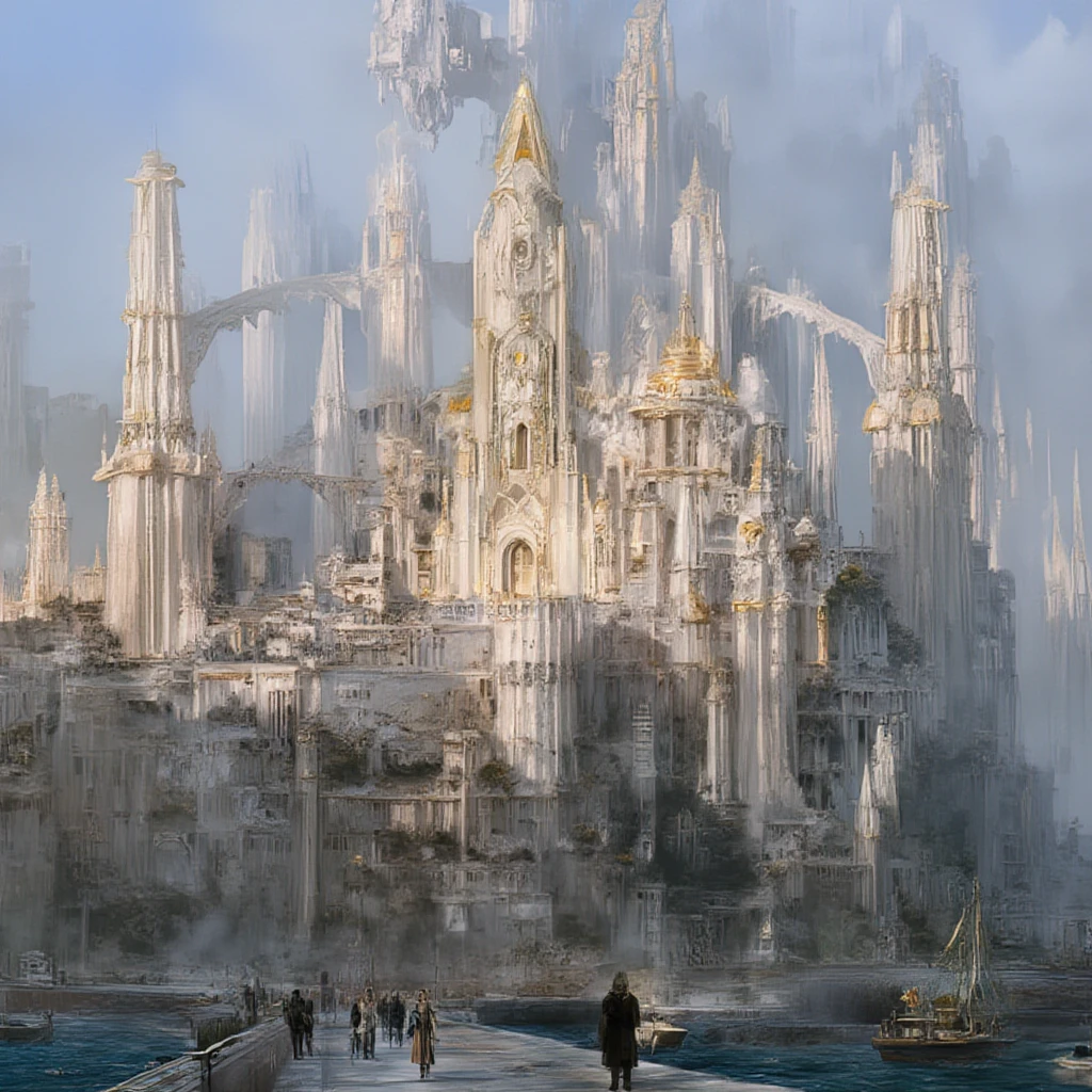 a white castle town with gold accents, situated on a maritime ocean environment, dusk feeling, not so populated, people walking around