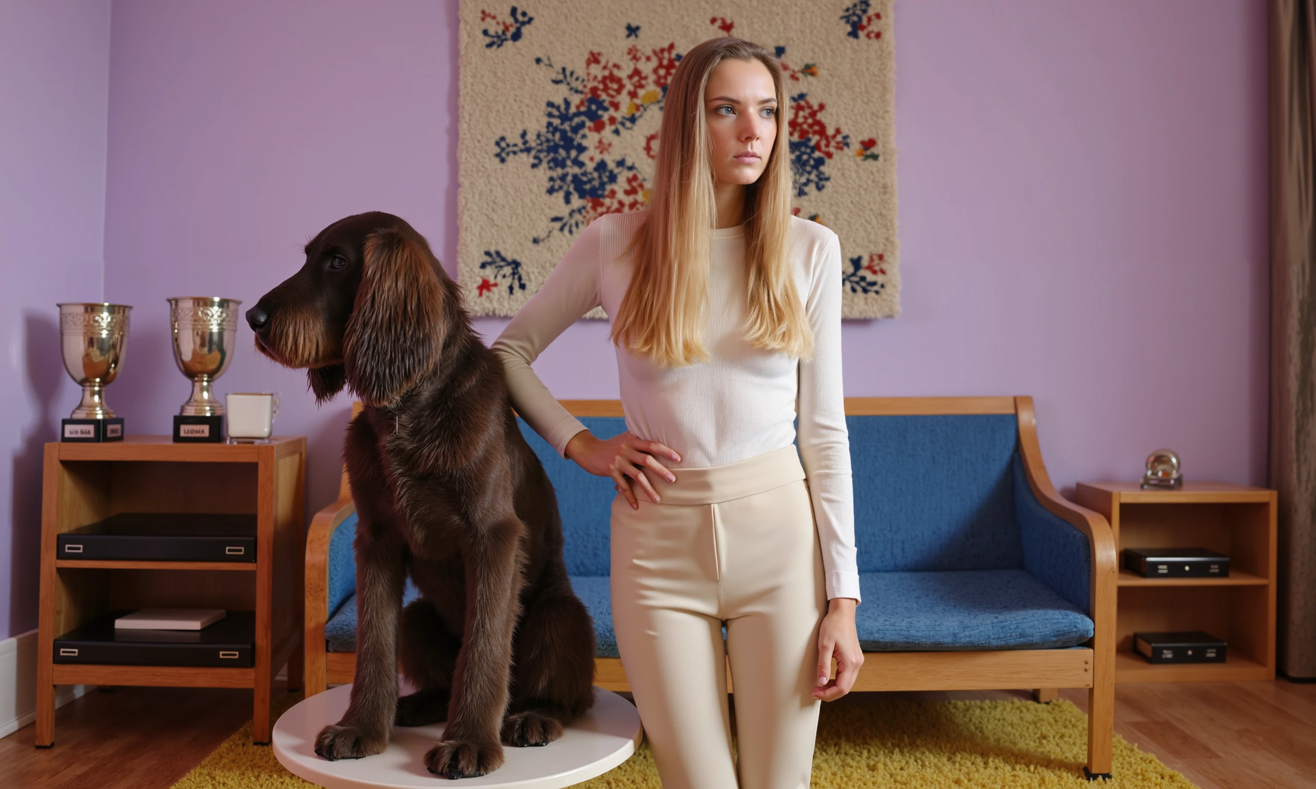  slightly surreal, vintage-inspired image featuring Clover, a Russian model with white skin and long blonde hair, standing in a softly lit living room. Clover’s hair flows straight and sleek, reaching past her waist, contrasting with the dark coat of a regal Afghan hound seated on a table beside her. She’s dressed in a simple, elegant outfit—cream-colored trousers and a matching long-sleeved top—creating a sense of understated sophistication.

Clover stands beside the Afghan hound, one hand gently resting on the dog's back as she looks off to the side, her expression calm yet contemplative. Her posture is tall and poised, exuding grace and quiet confidence. The room around her is decorated with an eclectic mix of items: a blue couch, ornate rugs, and a collection of trophies in the corner, suggesting a proud and accomplished atmosphere. The walls are a soft lavender hue, creating a muted, almost dreamlike ambiance.

The overall mood is surreal and slightly whimsical, with a touch of elegance. Clover’s presence, along with the dignified Afghan hound, creates a sense of harmony and quiet introspection within the peculiar yet refined setting