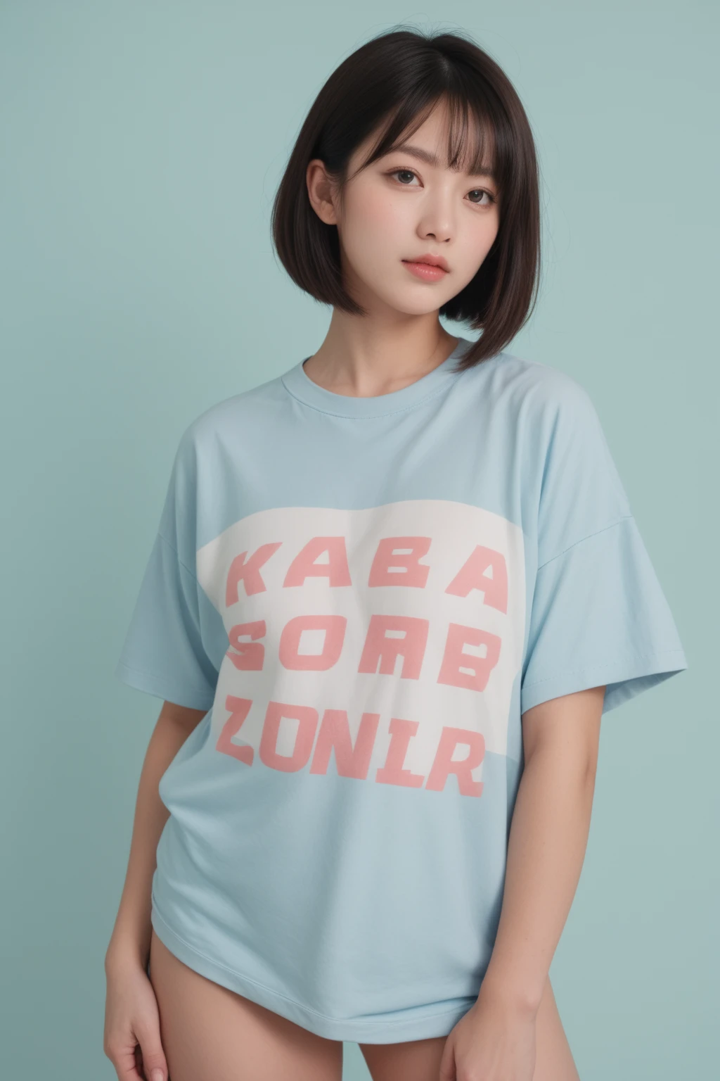 score_9, score_8_up, score_7_up, realistic, beautiful, japanese, oversized t-shirt, bob cut, standing, pastel blue background