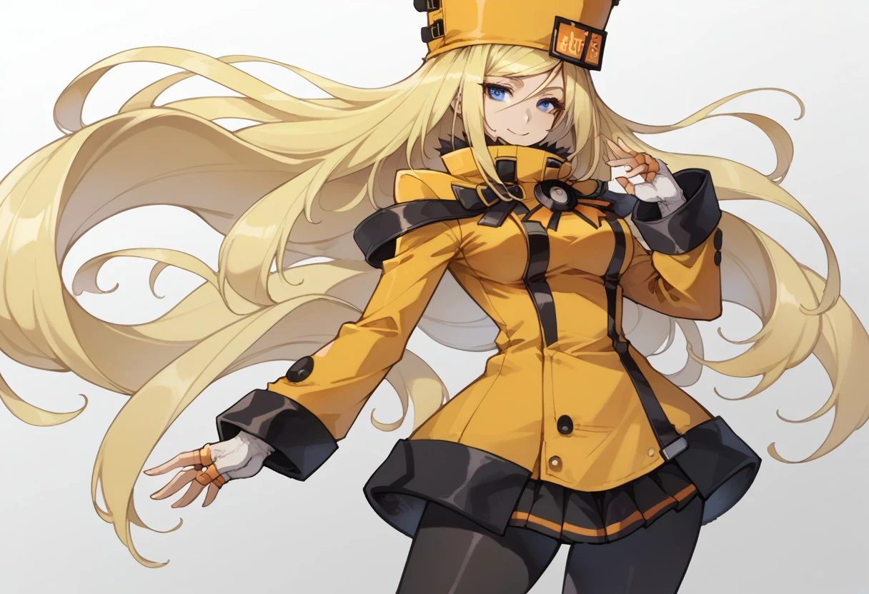 score_9, score_8_up, score_7_up, source_anime, good anatomy, solo, 1girl, 1girl, solo, MilliaRageXrd, blonde hair, very long hair, blue eyes, short yellow dress with black trim, high collar, military uniform, license plate, yellow hat with black trim, ushanka, white gloves, belts, pantyhose, sleeves past wrists, shoes, standing, contrapposto, smiling, breasts suppress