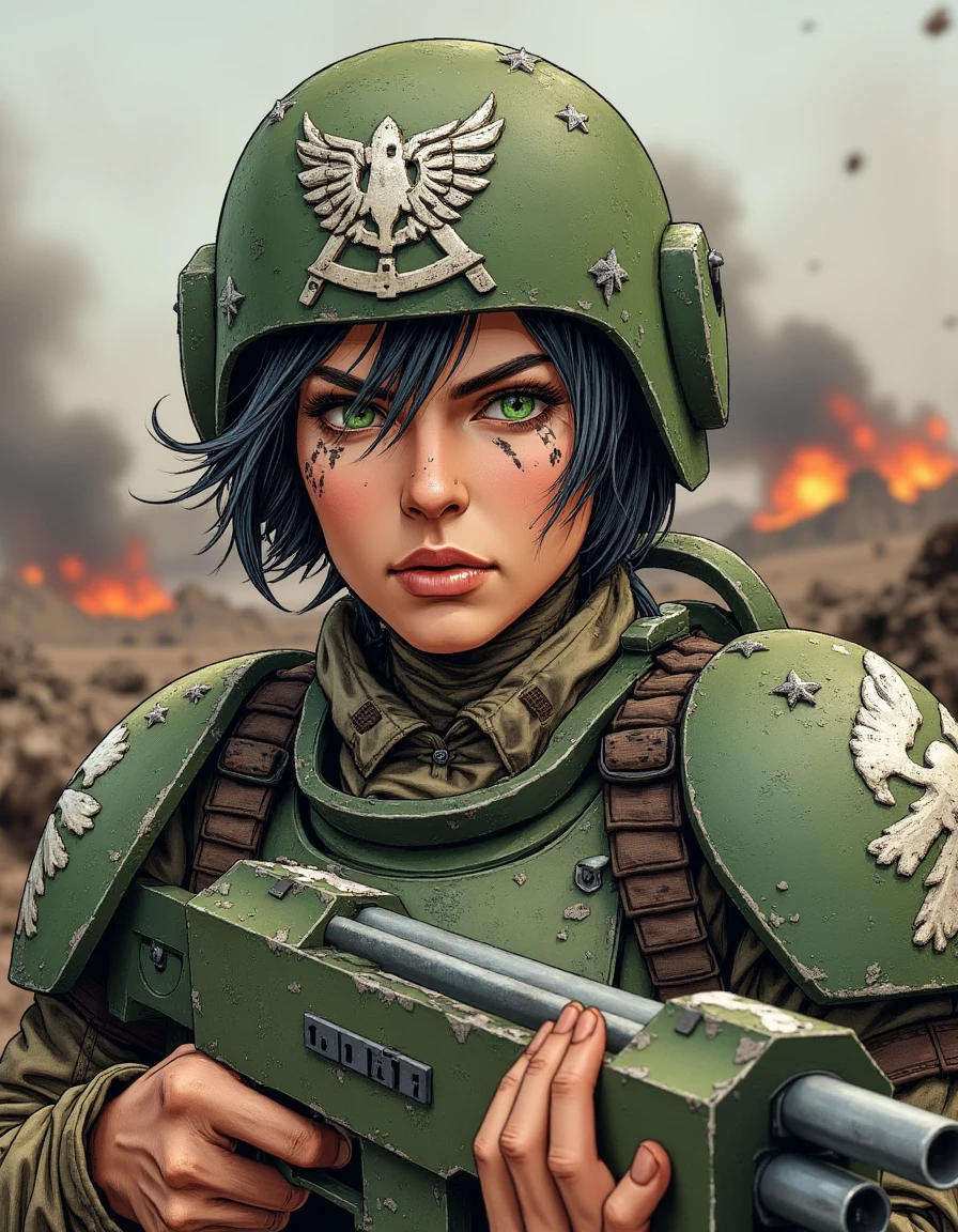 In a graphic novel style comic, imagine a battle-hardened Cadian Guard female officer, her face stern and weathered from years of war. Her helmet sits slightly askew, revealing short, dark hair streaked with grey, and a jagged scar across her cheek from a close encounter with the enemy. Her piercing green eyes, filled with resolve, scan the battlefield. The Cadian insignia on her worn uniform gleams amidst the dirt and grime. She grips her laspistol tightly, her expression unwavering. The background shows a blurred warzone, fires and wreckage in soft focus, highlighting her resolute stance as she prepares for the next battle.